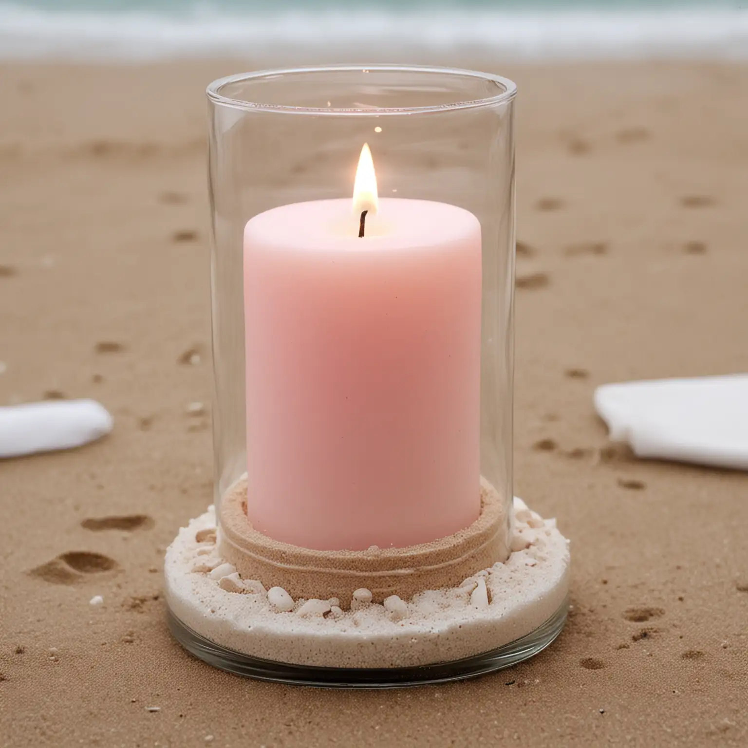 simple beach theme wedding centerpiece with cylinder glass vase holding a blush pink pillar candle and sand setting on a small round glass base; keep background neutral