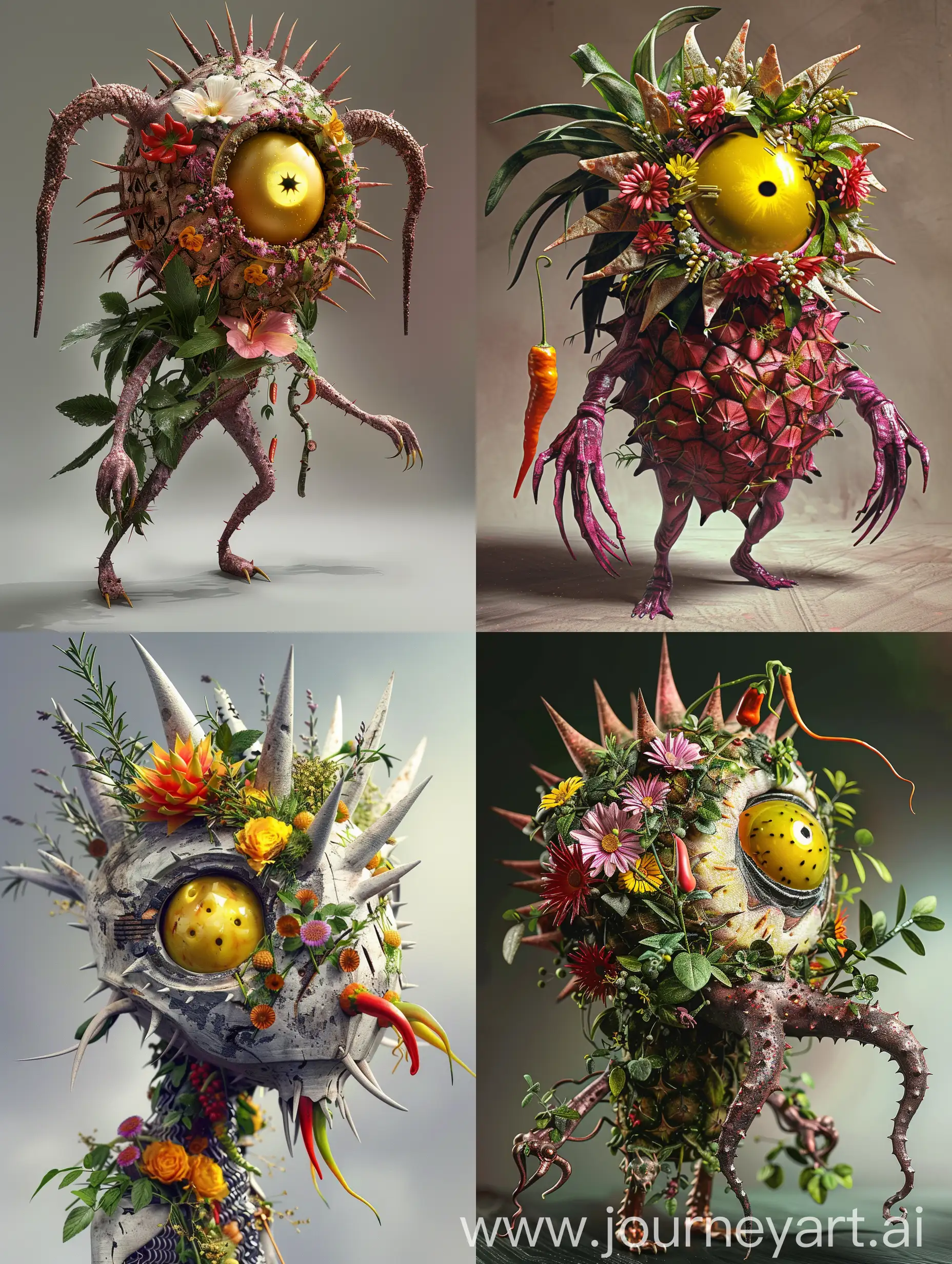 64K photo: French New Wave Vogue, pieapple knight helmet with flowers, herbs, radiating mega-charm, innocence. The main character should be an anthropomorphic Dragon fruit cyclops with one big yellow eye. Instead of hands, it has tentacles with superhot habanero peppers at the ends. Rugged face exudes joy, kindness; flamboyant futuristic costume floats with elegance, panache, allure. Whimsical spikes trails brilliant charm in mega-dynamic masterpiece of original style, Ultraphotorealistic, cinematic, ultradetailed, flamboyant, elegant, stylish, eccentric, hilariously dumb yet creative.