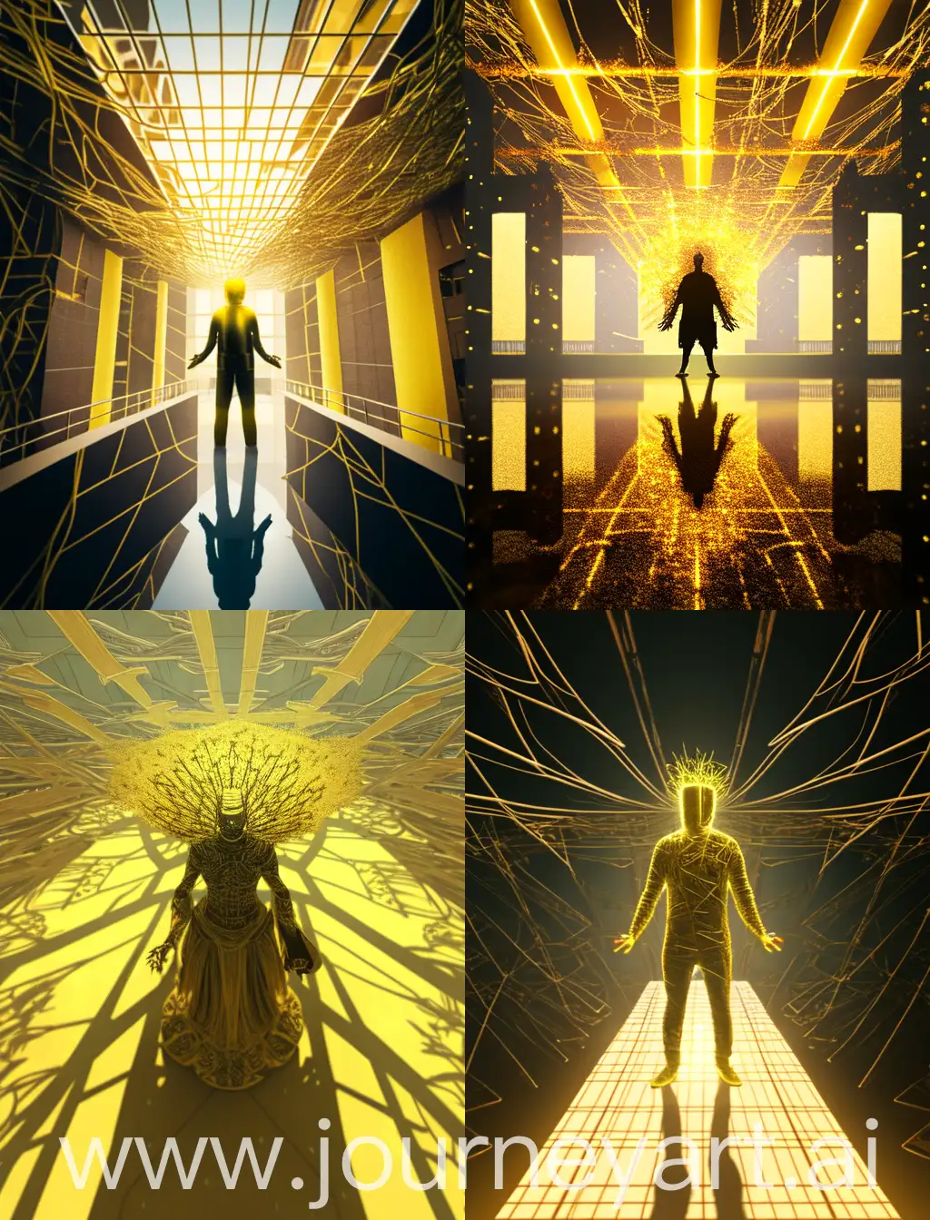 a ((((faceless shadow figure with a shining floating crown)))), ((his hand his lifted and covered in yellow light)), ((((there are yellow threads all over like a maze or a spider web)))), oprressive feeling, 8k, masterpiece, ultra high res, stylistic, dynamic shot, interesting background, Chinese artitechture background, detailed background, xianxia style,