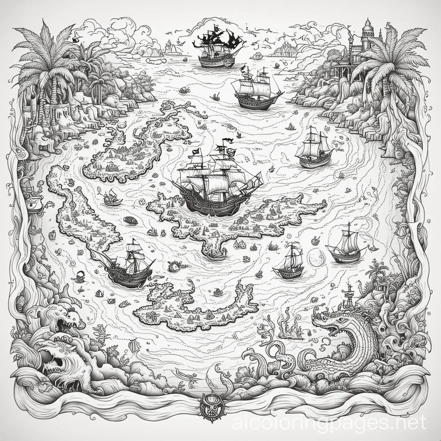 pirate map to color with a sea monster, Coloring Page, black and white, line art, white background, Simplicity, Ample White Space. The background of the coloring page is plain white to make it easy for young children to color within the lines. The outlines of all the subjects are easy to distinguish, making it simple for kids to color without too much difficulty