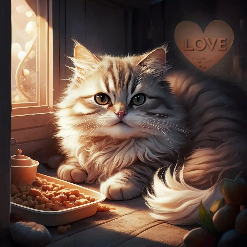 A realistic and beautiful scene with the most beautiful cat in the world. The cat is in a cozy corner, lying calmly. Next to the cat is a tray of food. The atmosphere of the scene is warm and inviting, exuding peace and comfort. In the background is visible the inscription "Love," which can be placed in the heart or as the text itself. The whole scene is supposed to reflect the atmosphere of simple, without effort and love.