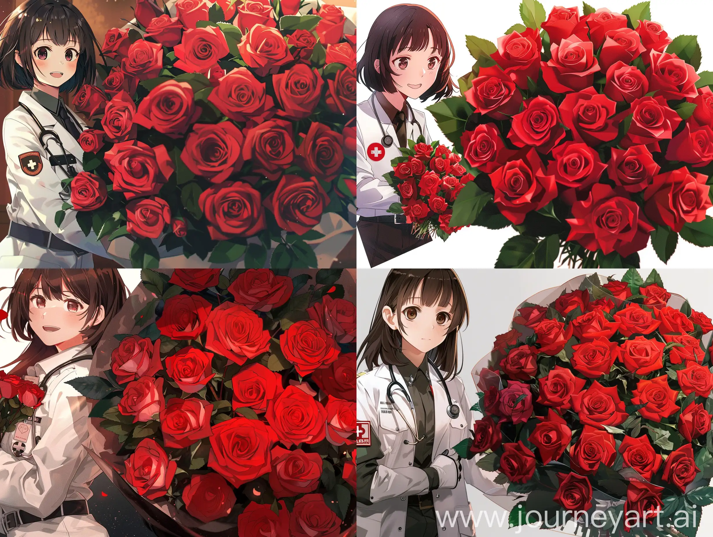 The image for the banner. The picture shows a girl with dark brown hair. She's a medic. Over her uniform is a white medical coat. This girl is in the left corner of the image. The girl is holding a large bouquet of red roses in her hands.