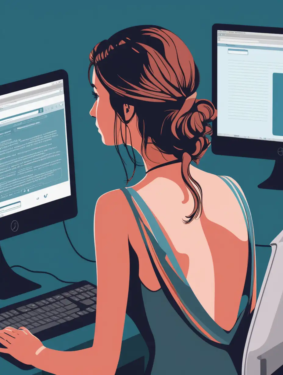 Vector illustration of a 25-year-old romantic woman looking from the back in front of a computer screen