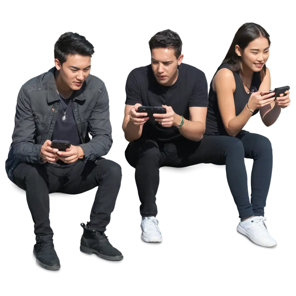 4 people are sitting while playing mobile games