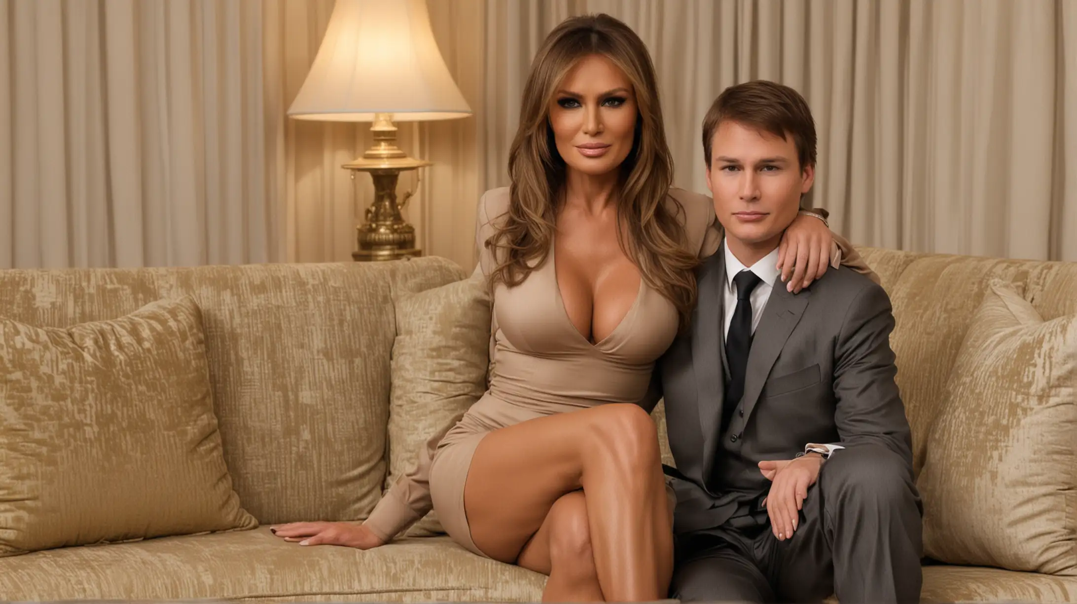 Melania Trump sexy on sofa, melania trump sits with boy, big boobs, show boobs, 
