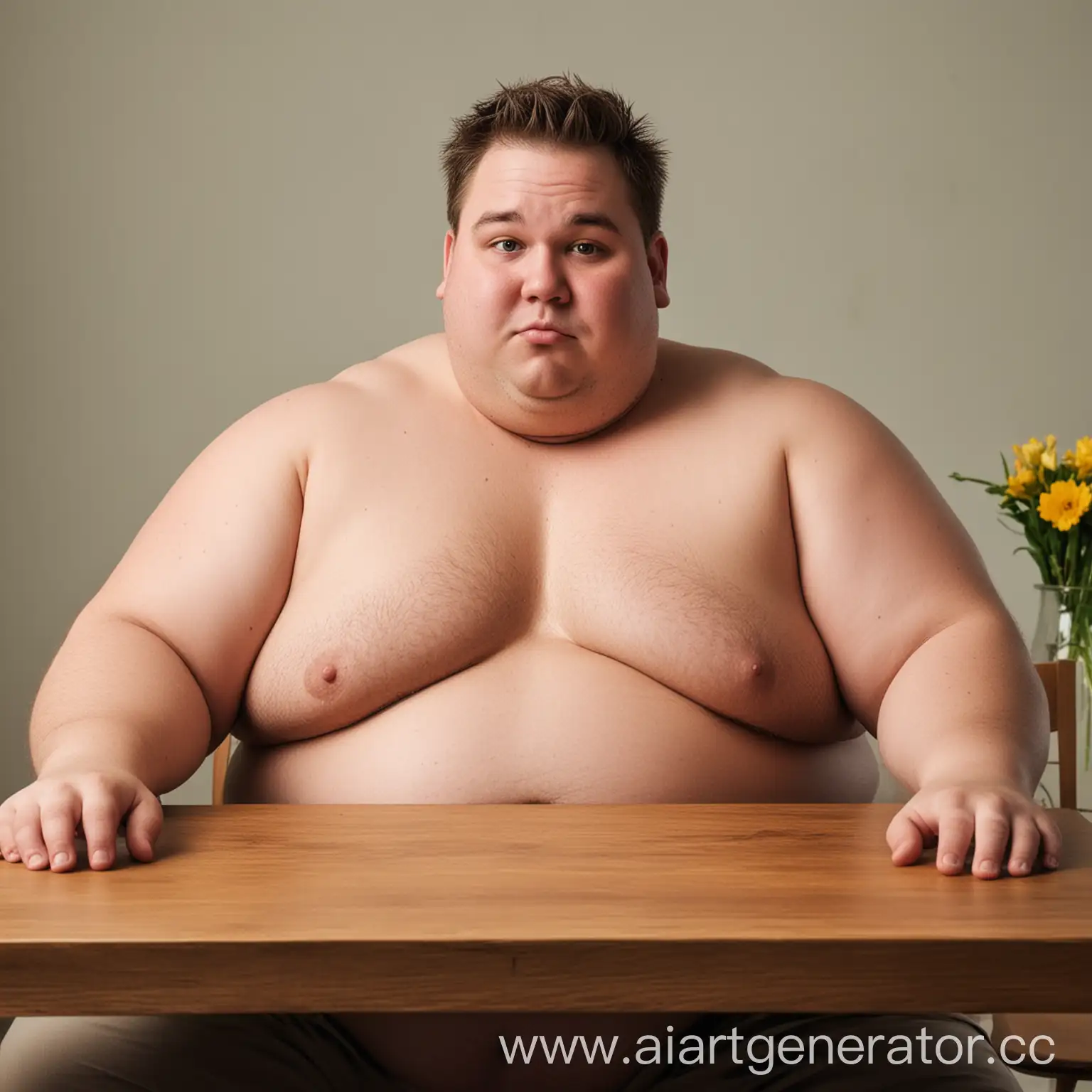 Толстый мужик сиди за столом