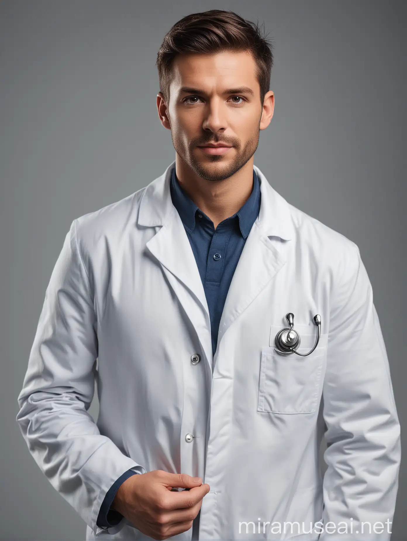 Красивый, мужественный, сильный мужчина-врач в белом халате 