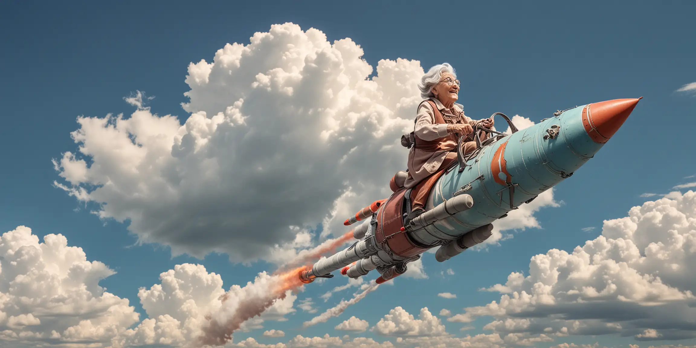 OLD LADY WITH GRAY HAIR RIDING A ROCKET ON A BLUE SKY WITH PUFFY CLOUDS