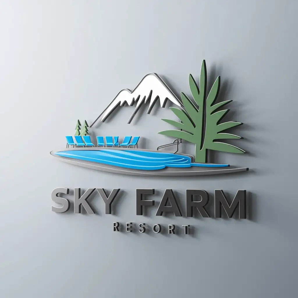 a logo design,with the text "SKY FARM RESORT", main symbol:SWIMMING POOL, MOUNTAIN, PINE TREE,Moderate,clear background