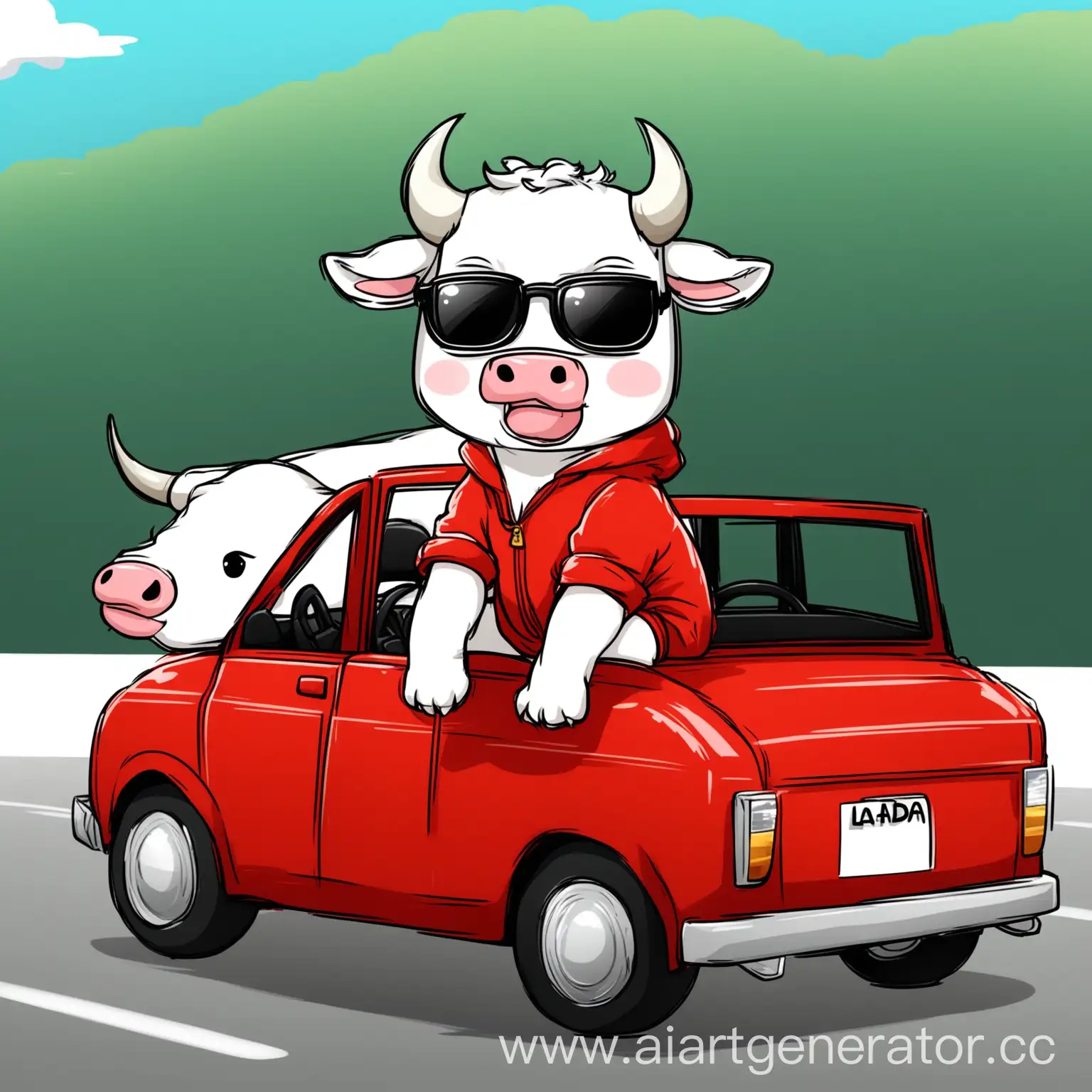 Chibi-Style-Cartoon-Bull-in-Red-Romper-Suit-Riding-in-Lada-with-Open-Roof-and-Sunglasses