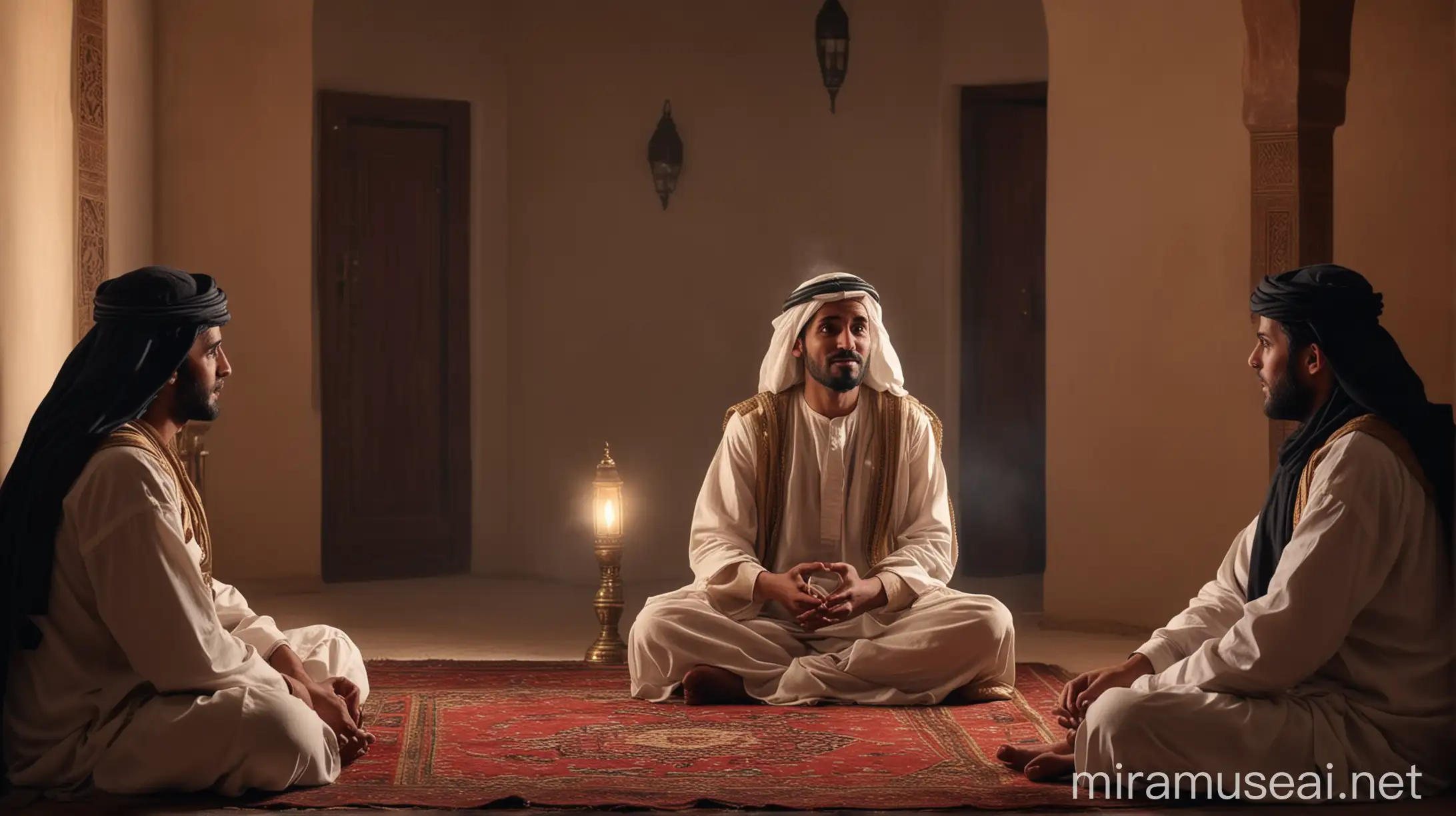 600AD traditional Arabian man telling a story to a group of his friend inside a room, realistic, dramatic light