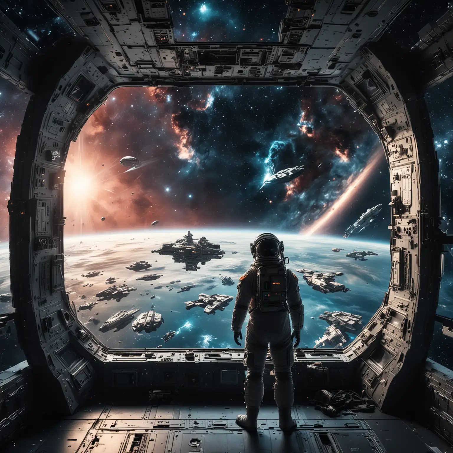 Astronaut stands large command centre of a spaceship looks out of a large window to a large fleet of ships in a nebula in empty space, and NO PLANET