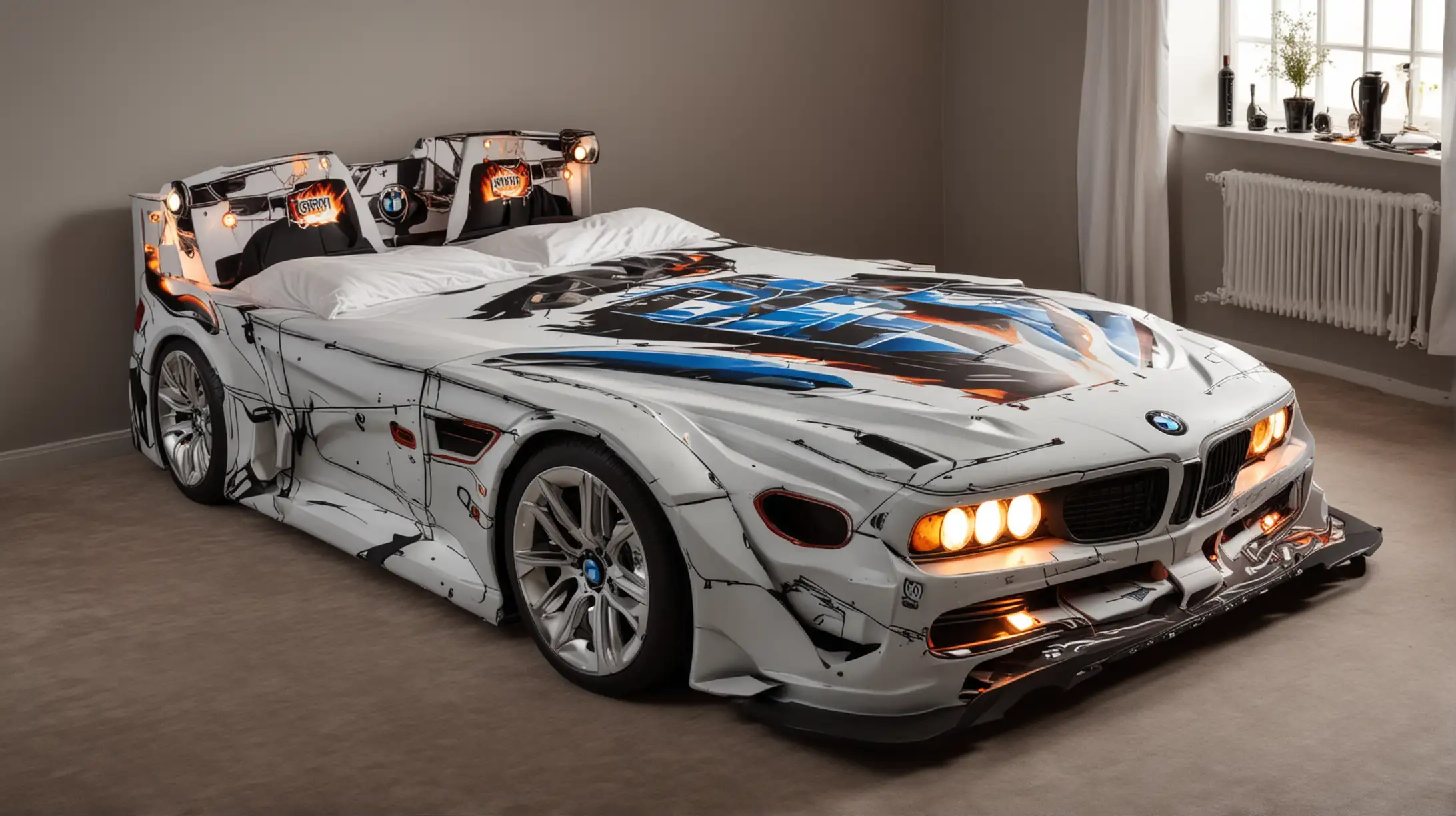 BMW Car Shaped Double Bed with Headlights and Fire Graphics