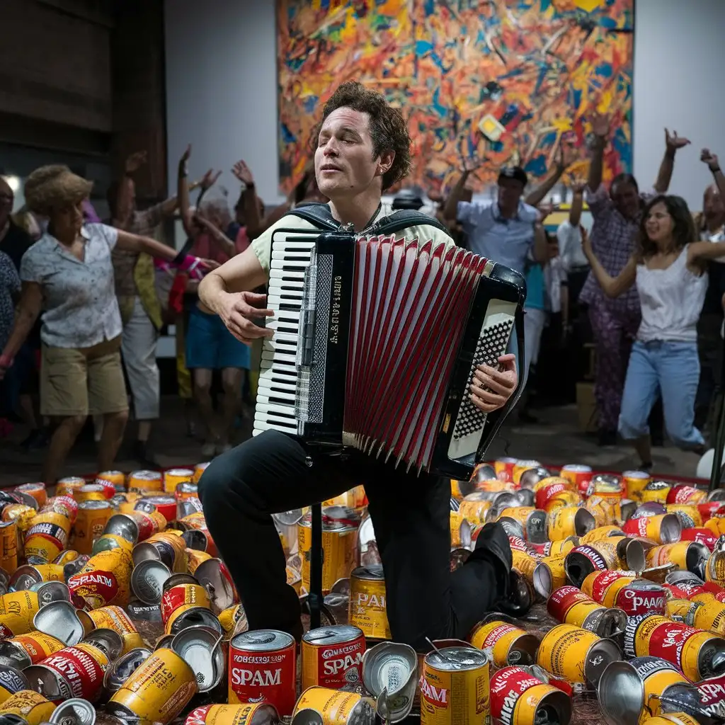 Accordionist-Performing-Amidst-Spam-Art-Installation