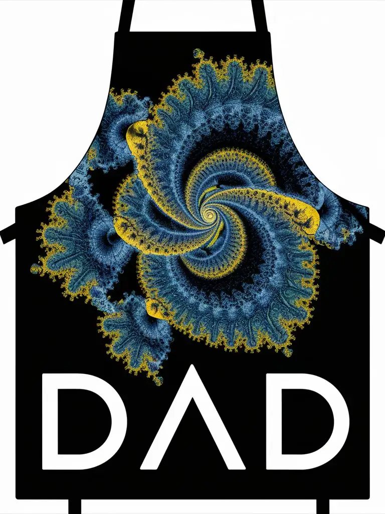 Apron Graphic design with a fractal image on it. Typography- DAD in a UNIVERSITY FONT

