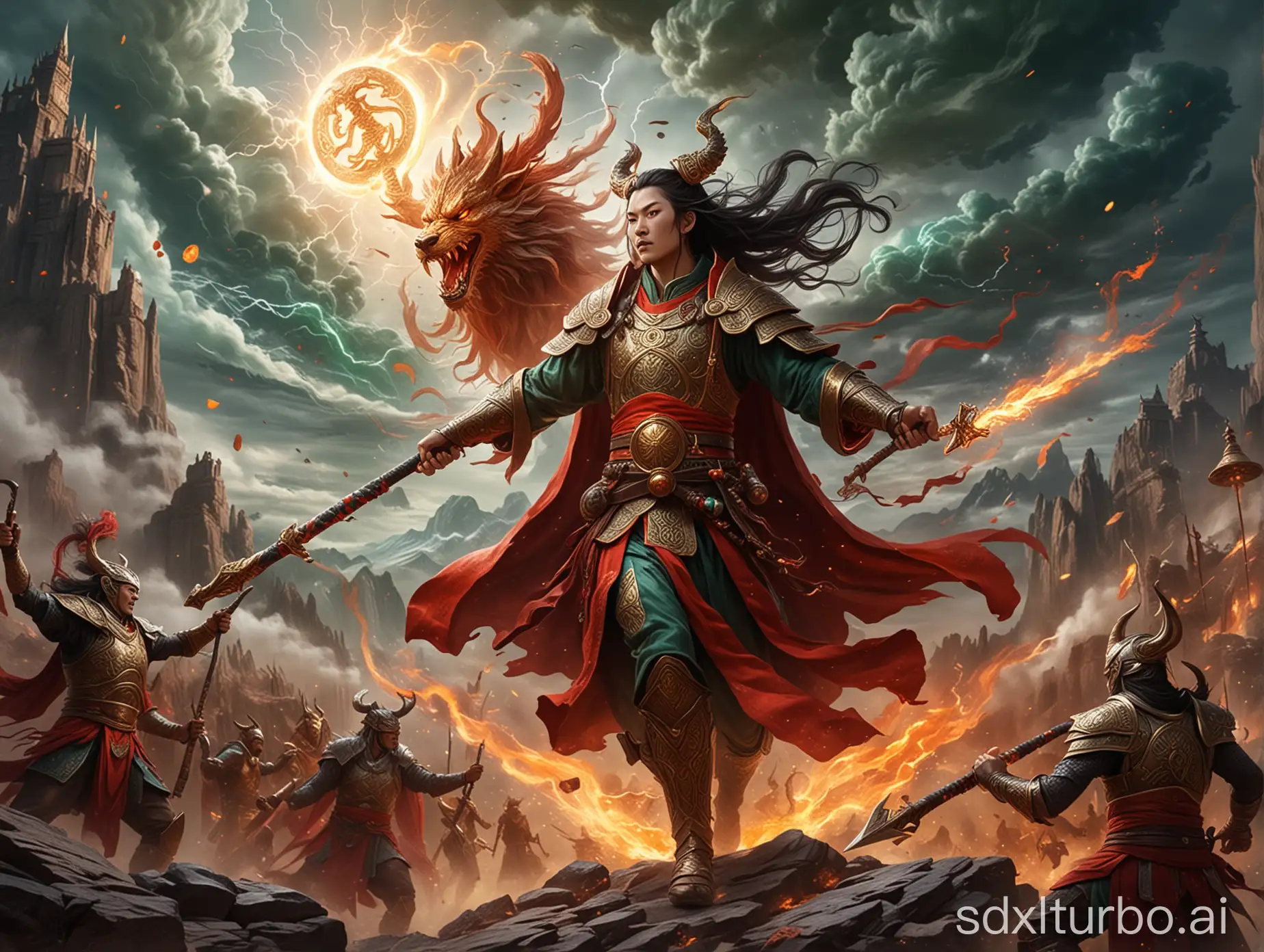 The background is a mysterious battlefield, with the sky interwoven with the colorful clouds of the Celestial Realm and the thunderstorms of Asgard.
2. The deities of the Chinese Celestial Realm, such as the Jade Emperor, Nezha, and the Thunder God, are dressed in magnificent golden and red battle robes, each wielding their iconic divine weapons, such as the Jade Emperor's jade ruyi, Nezha's fire-tipped spear, and wind-fire wheels.
3. The deities of Norse Asgard, such as Odin, Thor, and Loki, are clad in iron armor and wield legendary weapons, such as Thor's hammer, Mjolnir.
4. The deities on both sides unleash powerful spells and artifact powers in intense combat, including lightning, flames, ice storms, and chaotic energy.
5. In the center of the scene is a duel between two leaders, the Jade Emperor's jade ruyi clashes with Odin's Gungnir, surrounded by dazzling magical light and shockwaves.
6. The ground is engraved with ancient runic slabs, surrounded by mythical creatures such as qilins and the giant wolf Fenrir watching the battle, adding a mythological hue to the combat.
7. The lighting effects are dramatic, using strong contrasts and dynamic blurring to highlight the urgency of the battle and the fluidity of the action.
8. Overall, a realistic style is adopted, with vivid colors and rich details, to create a stunning visual experience.