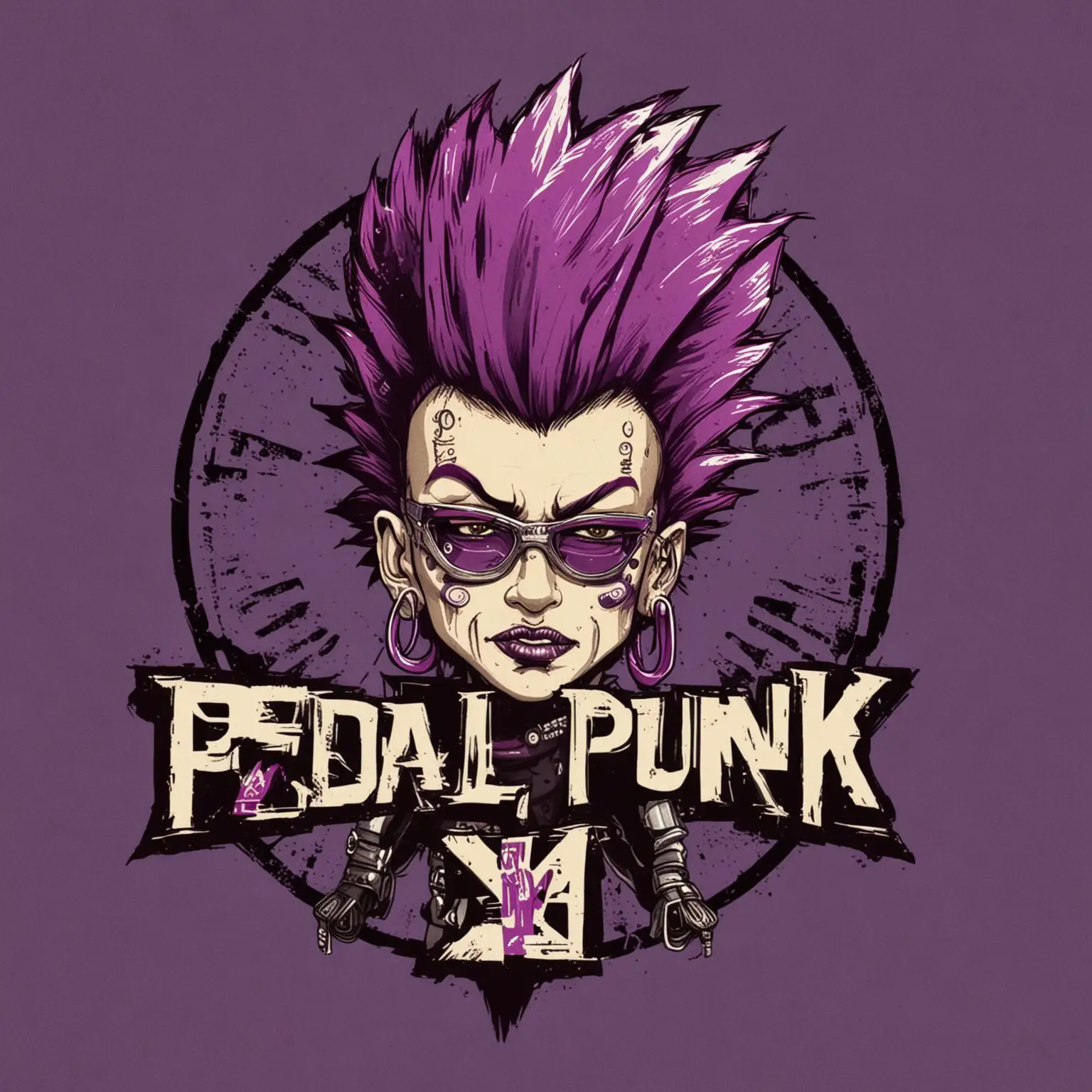 Pedal punk logo with letter”P” wearing purple Mohawk 
