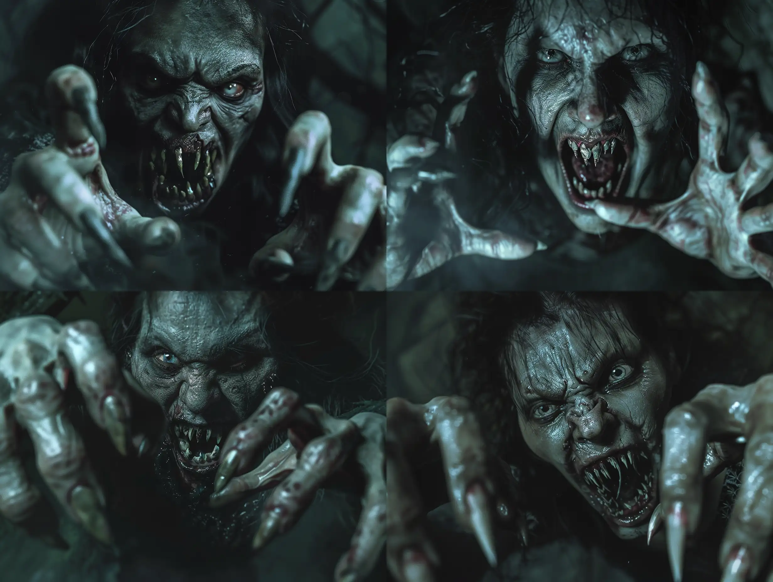 A photorealistic scene of a wild, monstrous vampire woman emerging from the darkness, with an eerie and haunting atmosphere. The vampire has extra long pointed fingernails on each hand, resembling the claws of a predator, and her mouth is threateningly open, revealing terrible teeth that look like fangs. She appears as if she climbed out of the grave, with hyper-realistic details such as full anatomical precision and highly textured features. The scene is cinematic, with intense and atmospheric lighting that emphasizes the smallest details, creating a realistic and aggressive dark atmosphere. The focus is on creating a high-quality, hyper-realistic portrayal of this undead creature, ensuring that every aspect is detailed and textured to convey a sense of horror and terror. The aim is to generate a night-time scene that is truly creepy, spooky, and terrifying while maintaining realistic anatomy and flawless execution