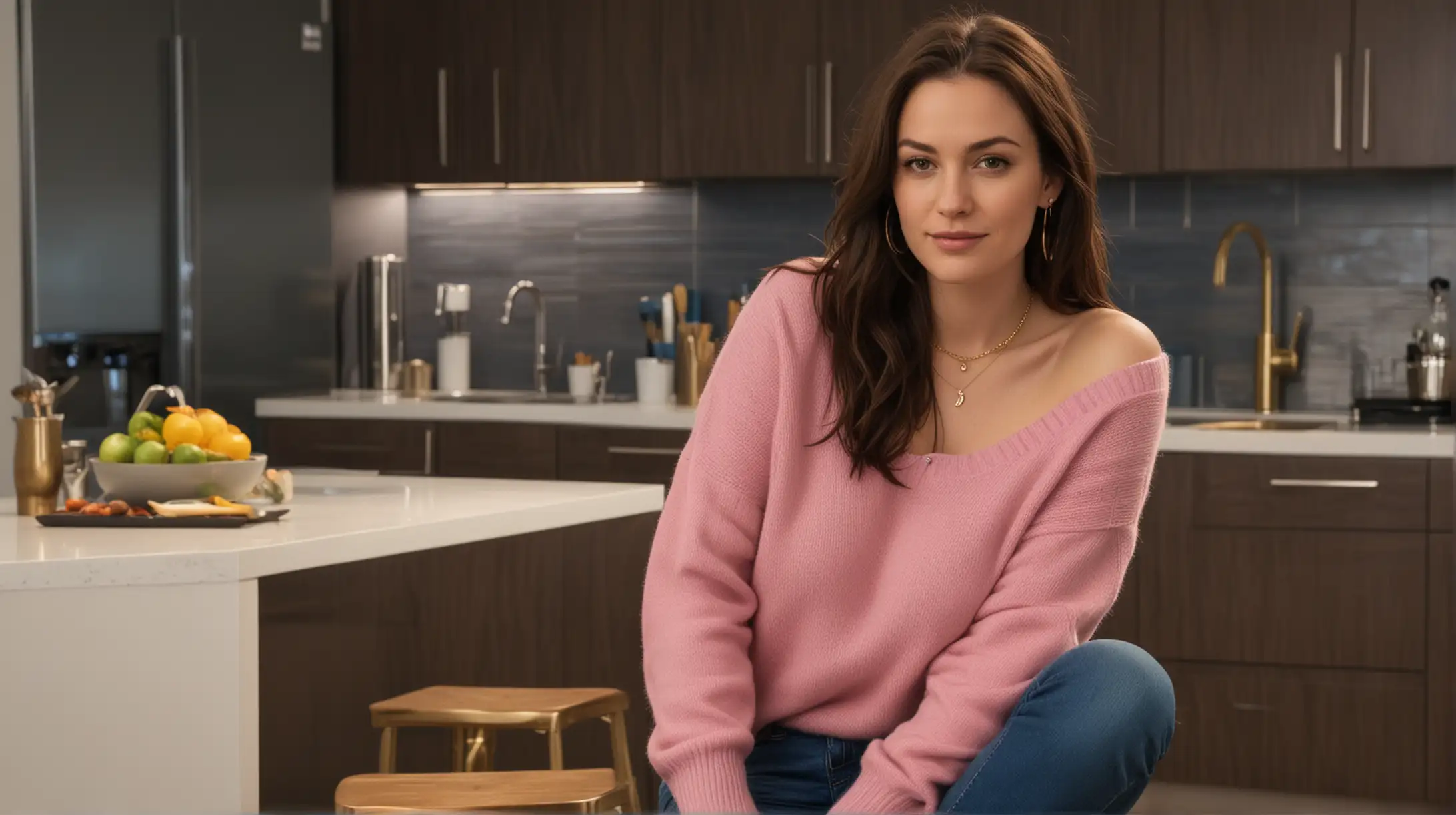 In a modern kitchen at night, 30 year old pale white woman with long dark brown hair parted to the right sitting on a kitchen chair, wearing a pink sweater, blue jeans, and gold necklace.  Urban high rise background.