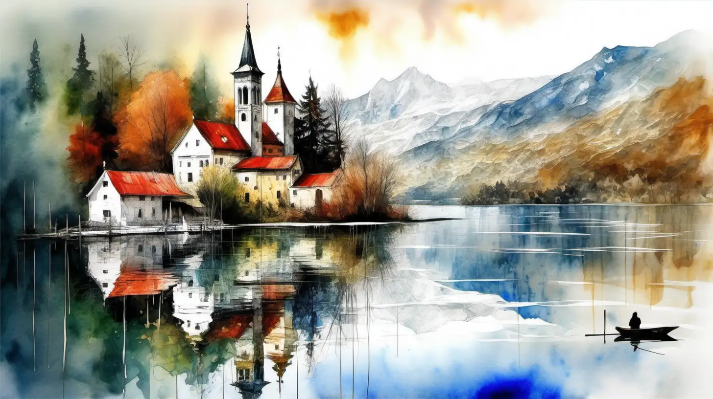 Realistic Watercolor Painting Yossi Kotlers Bled Lake Landscape