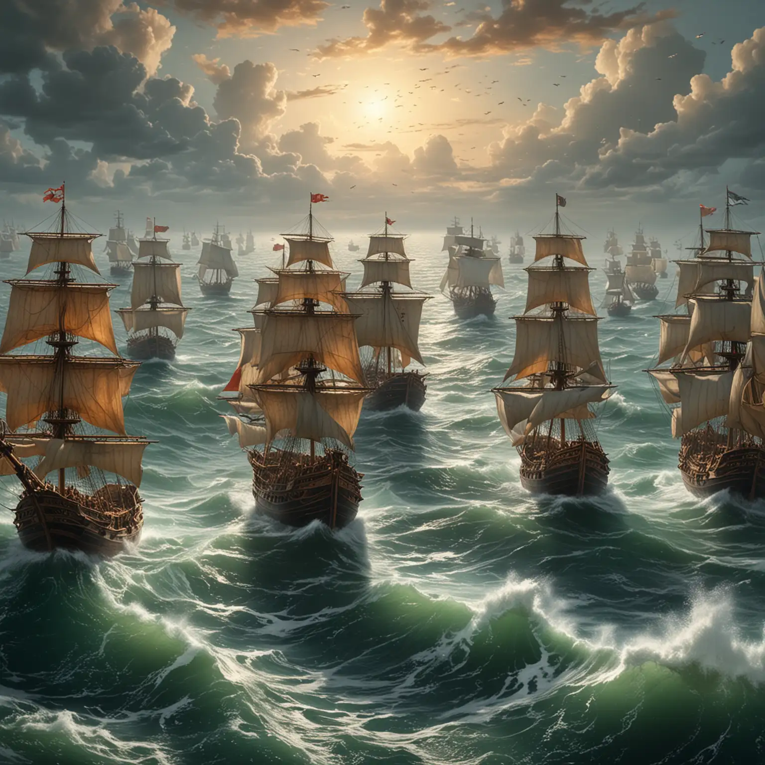 Medieval Ships Sailing Across the Vast Ocean