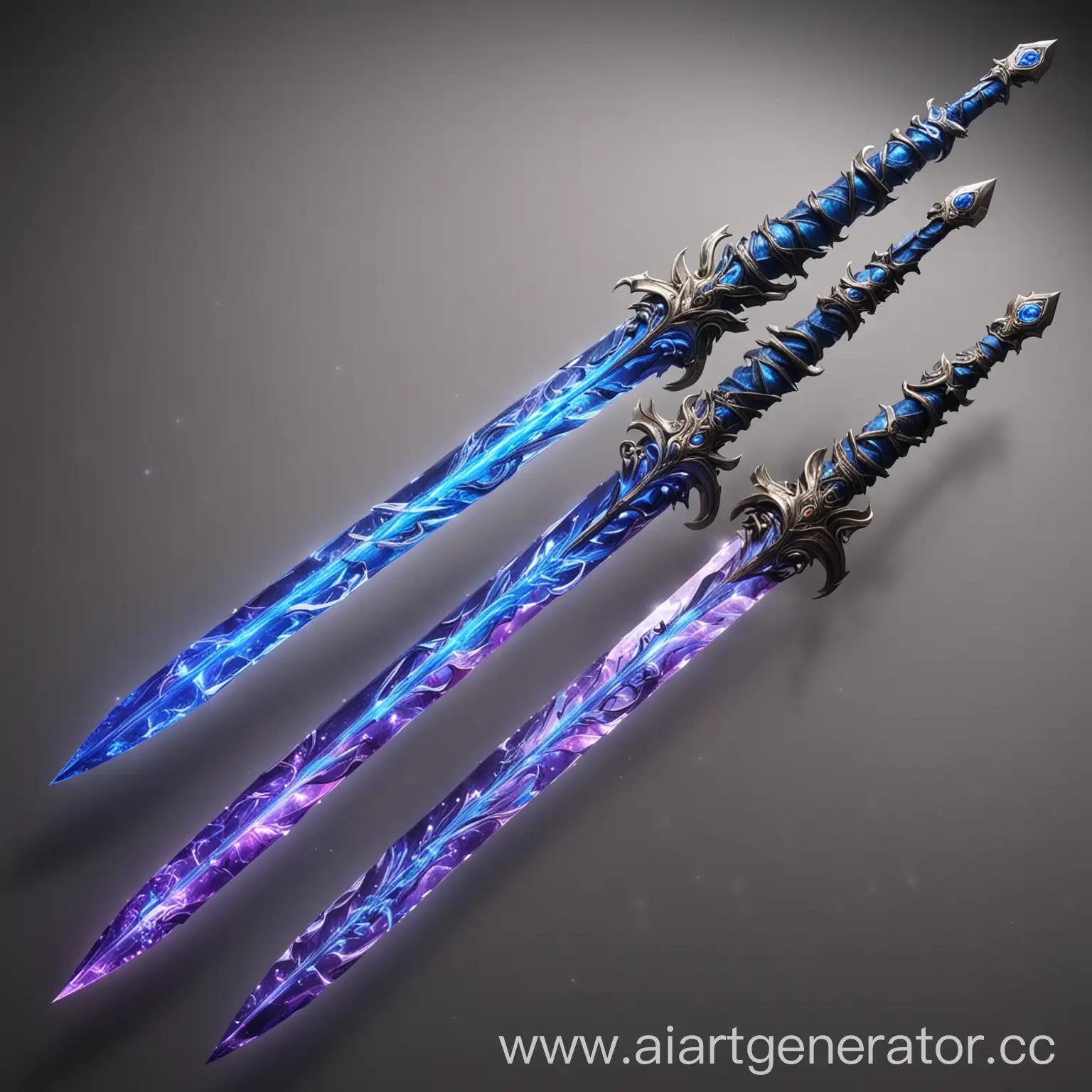 Двойной галактический меч, каждый меч имеет одно кристальное лезвие, каждое из которых обладает уникальной способностью. Первое лезвие излучает яркий синий свет, способный нейтрализовать и разрушать силы тьмы. Второе лезвие излучает фиолетовый свет, который обладает защитными и исцеляющими свойствами.