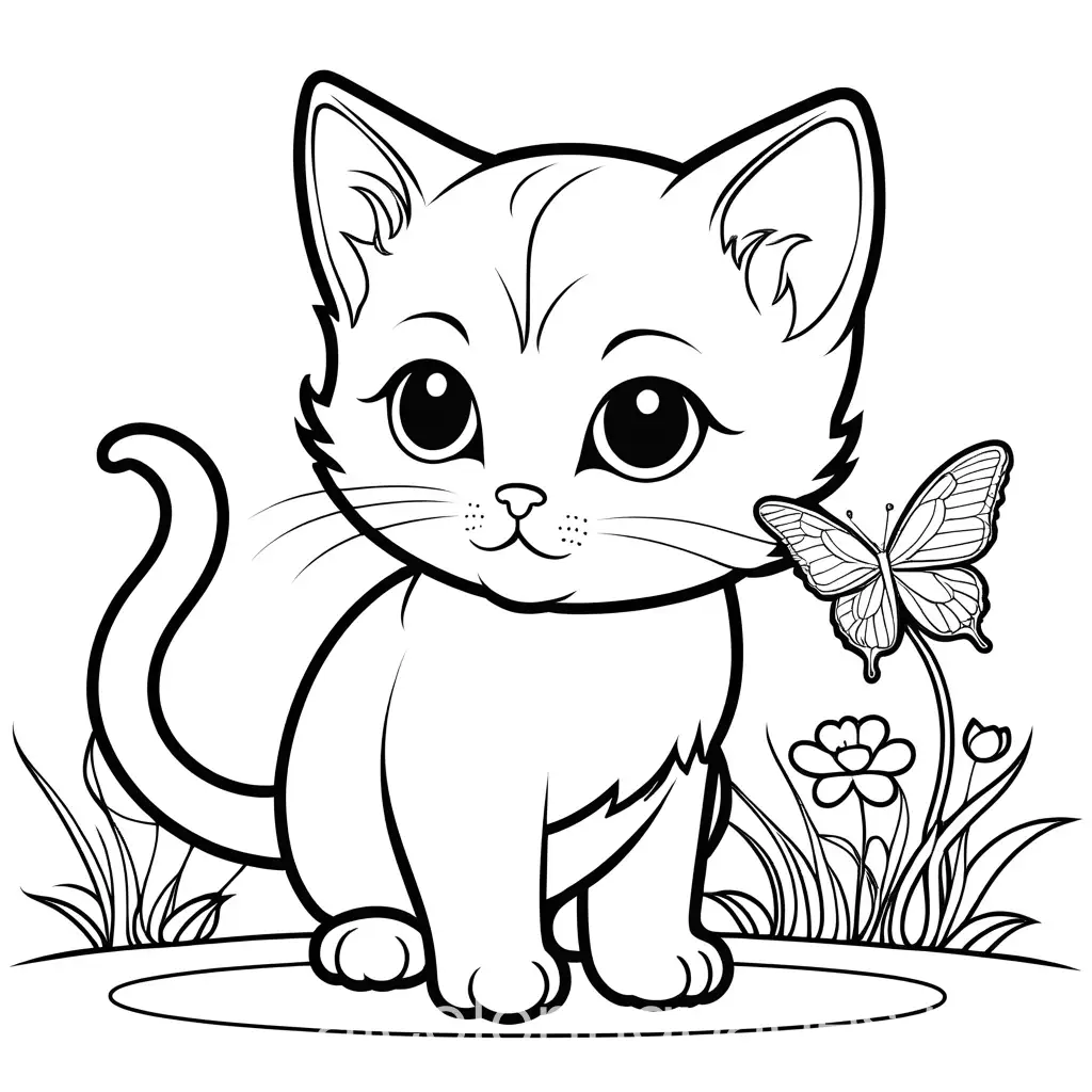 simple line art black and white only of playful kitten with butterfly. the kitten has large adorable eyes, Coloring Page, black and white, line art, white background, Simplicity, Ample White Space. The background of the coloring page is plain white to make it easy for young children to color within the lines. The outlines of all the subjects are easy to distinguish, making it simple for kids to color without too much difficulty
