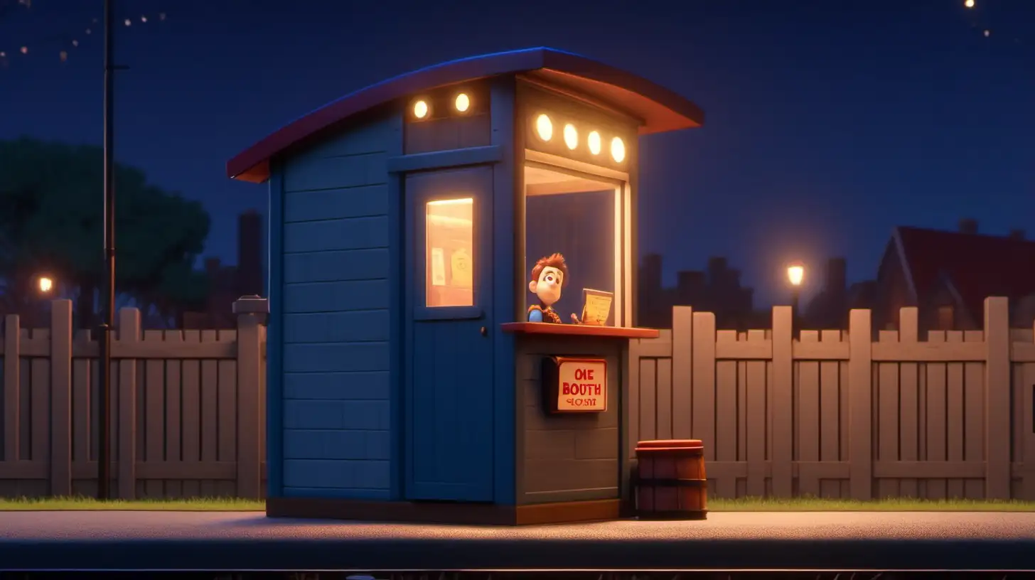  one person  guard booth side view at night  night pixar style , uhd , 32k. 