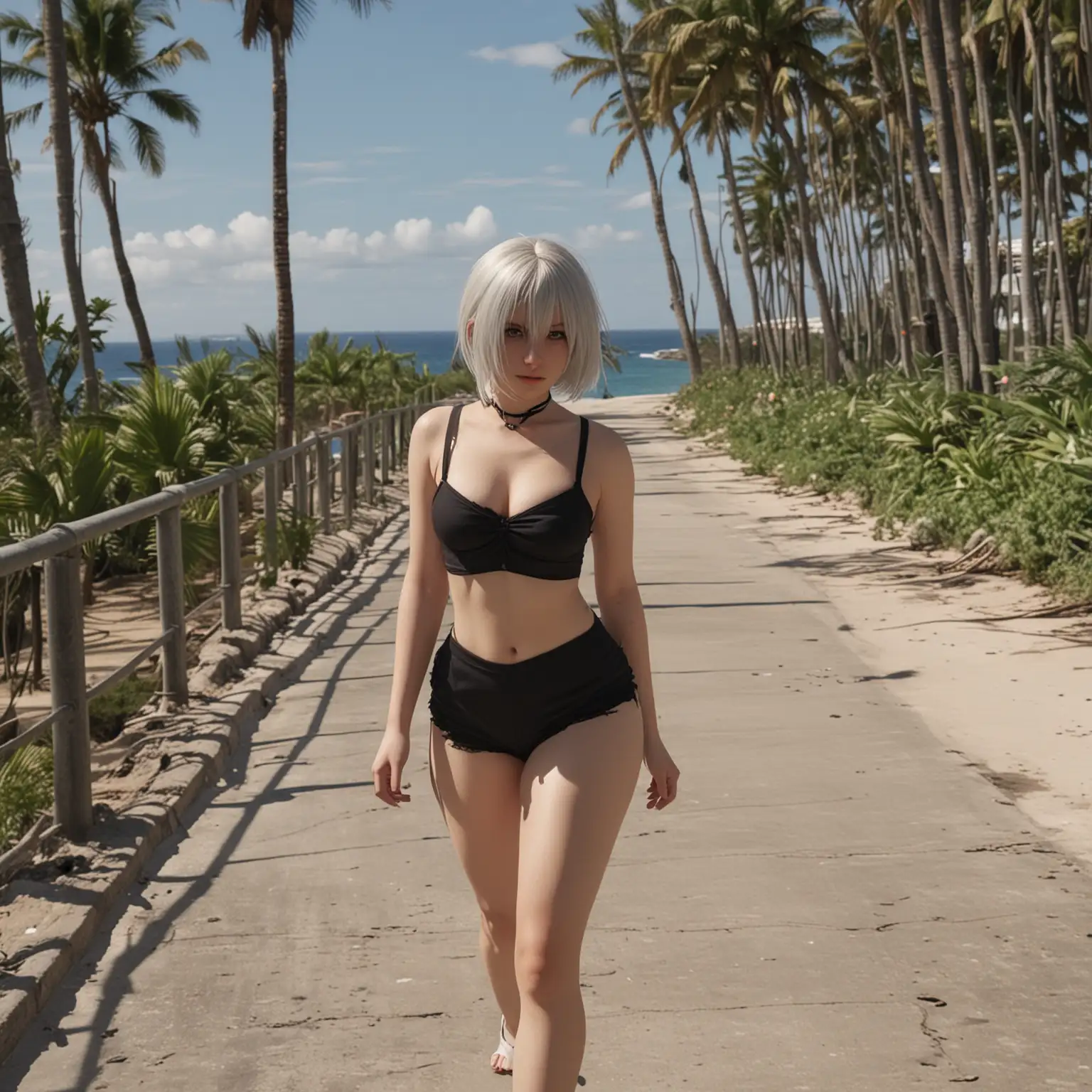Yorha 2B, в коротких шортах, волосы развиваются на ветру, 
идет по бетонной тропинке, на фоне пляж и пальмы