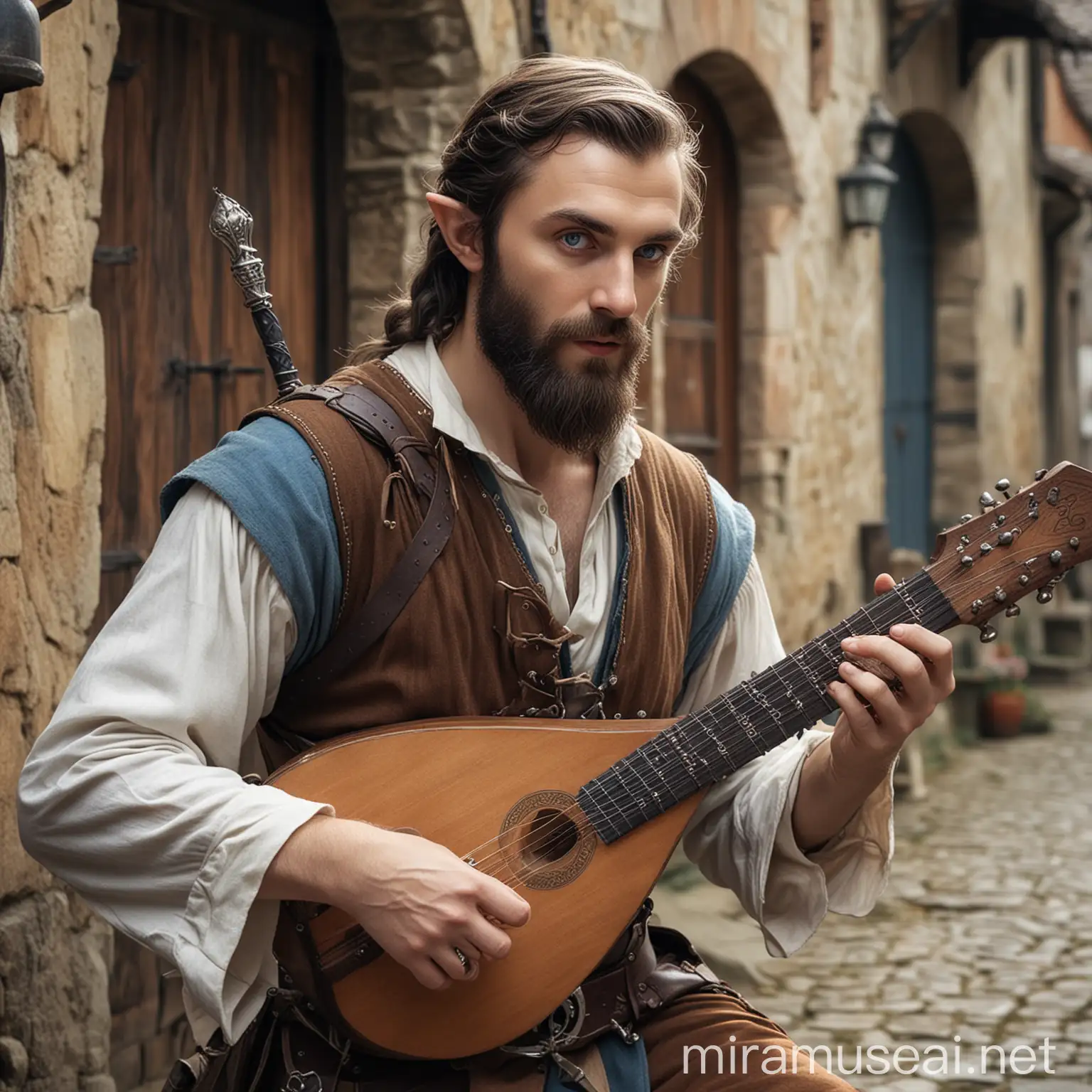 fantasy, blue eyed bearded half elf bard, playing a lute in medieval village, wearing a poniard dagger on waistbelt

