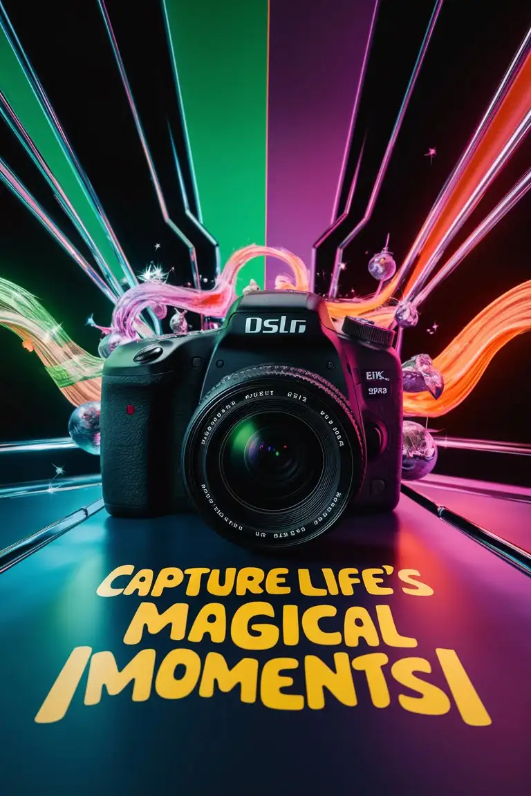 make me an ad for a DSLR camera, enlarge the show and make it the focal point on a brightly coloured background. use bright colours and the slogan, Capture Lifes Magical Moments