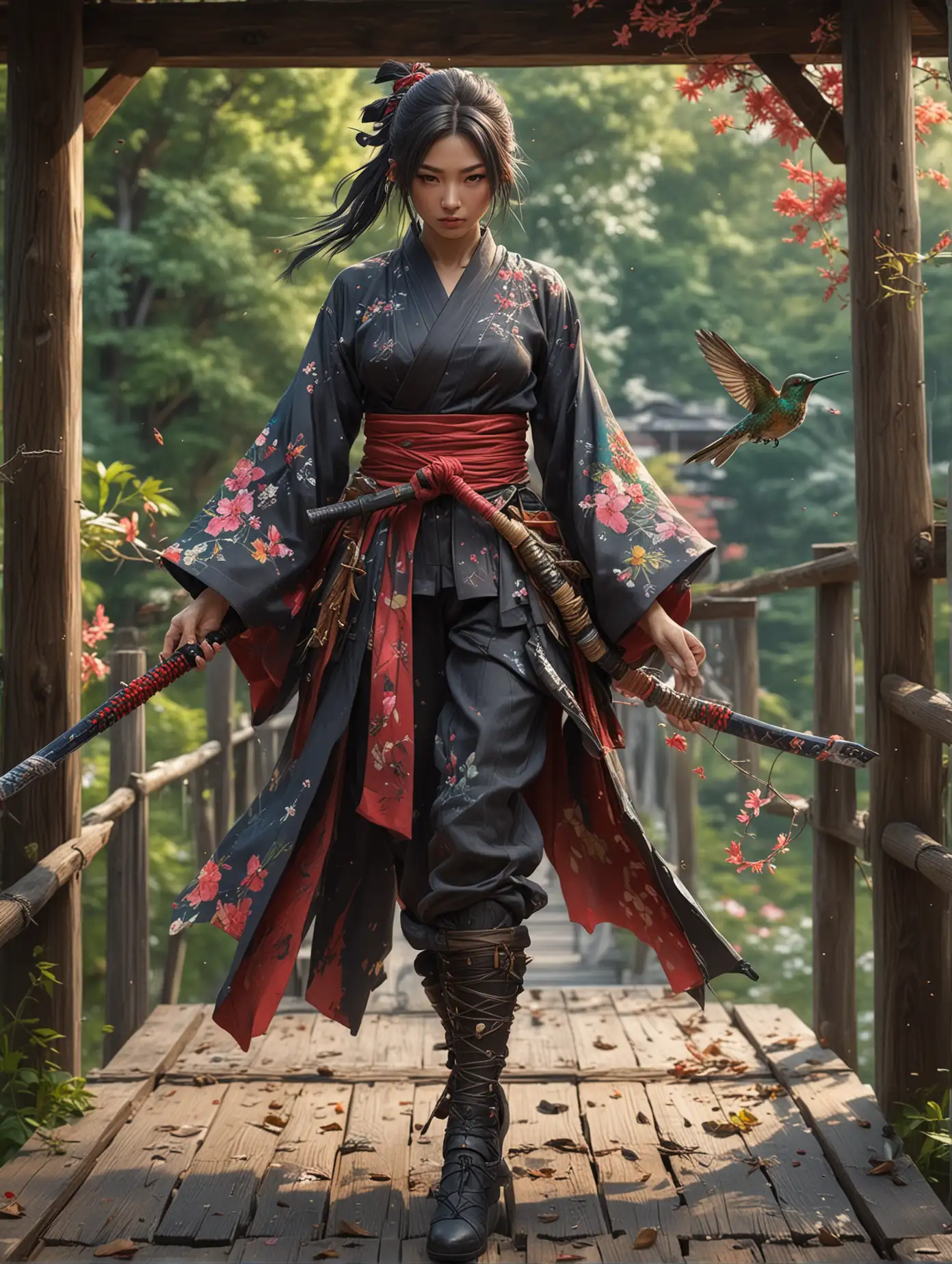 Highly detailed painting drawing of a female in cosplay as japanese ninja, her face were covered with a cloth and katana was in her hand , standing on the old wooden bridge, with colorful hummingbird flying around her, fetai pose, full body view, intricate details, sharp focus, matte colorful organic shape, masterpiece art, high resolution, concept art