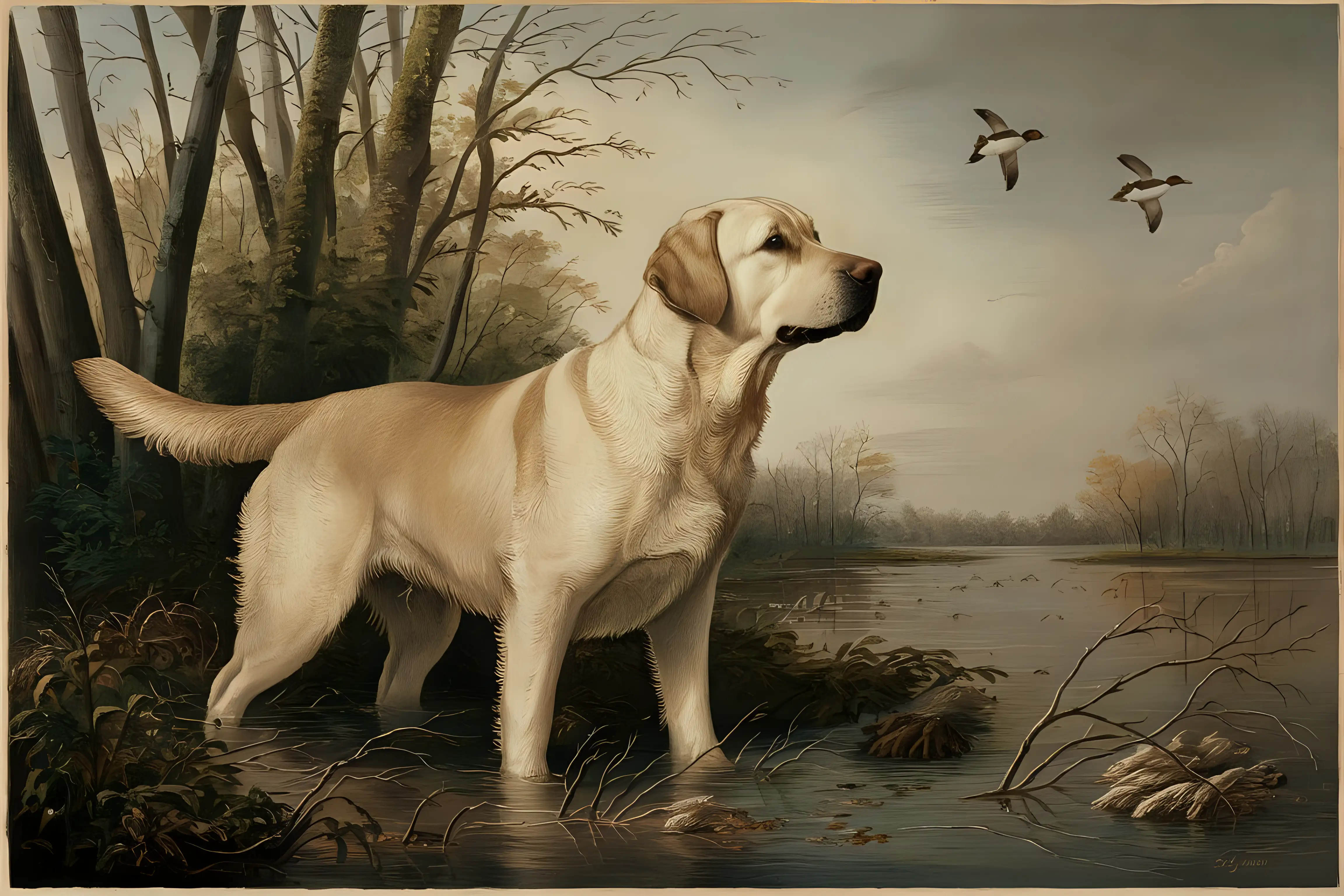 Patient Labrador Retriever in Flooded Timber with Flying Ducks