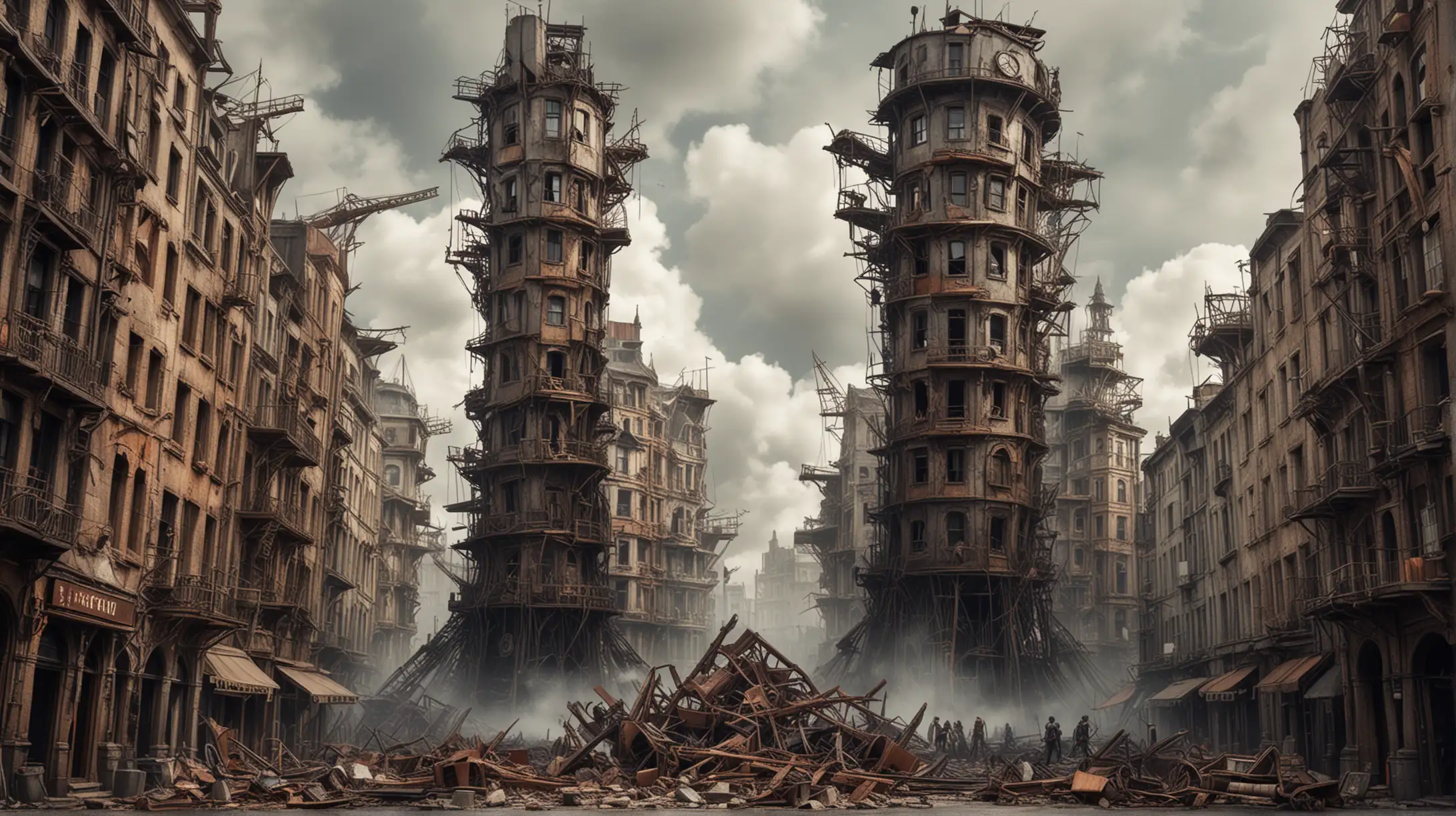 Steampunk City Tower Collapse Urban Disaster Art