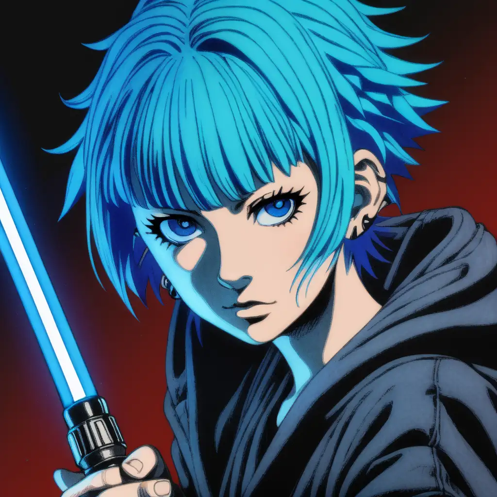 female with neon blue hair holding a lightsaber - jujutsu kaisen style