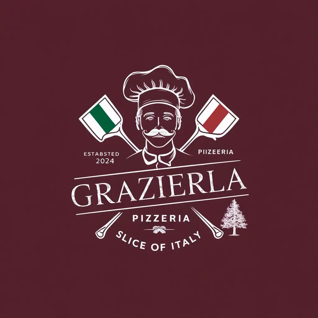 GRAZIELLA Pizzeria logo , Restaurant symbol , Sketched Chef's Hat and Mustache , Slogan Slice of Italy , Minimal Logo , EST 2024 , Solid Background , Italy Flag , Crossed Pizza Peel , Tree decoration,