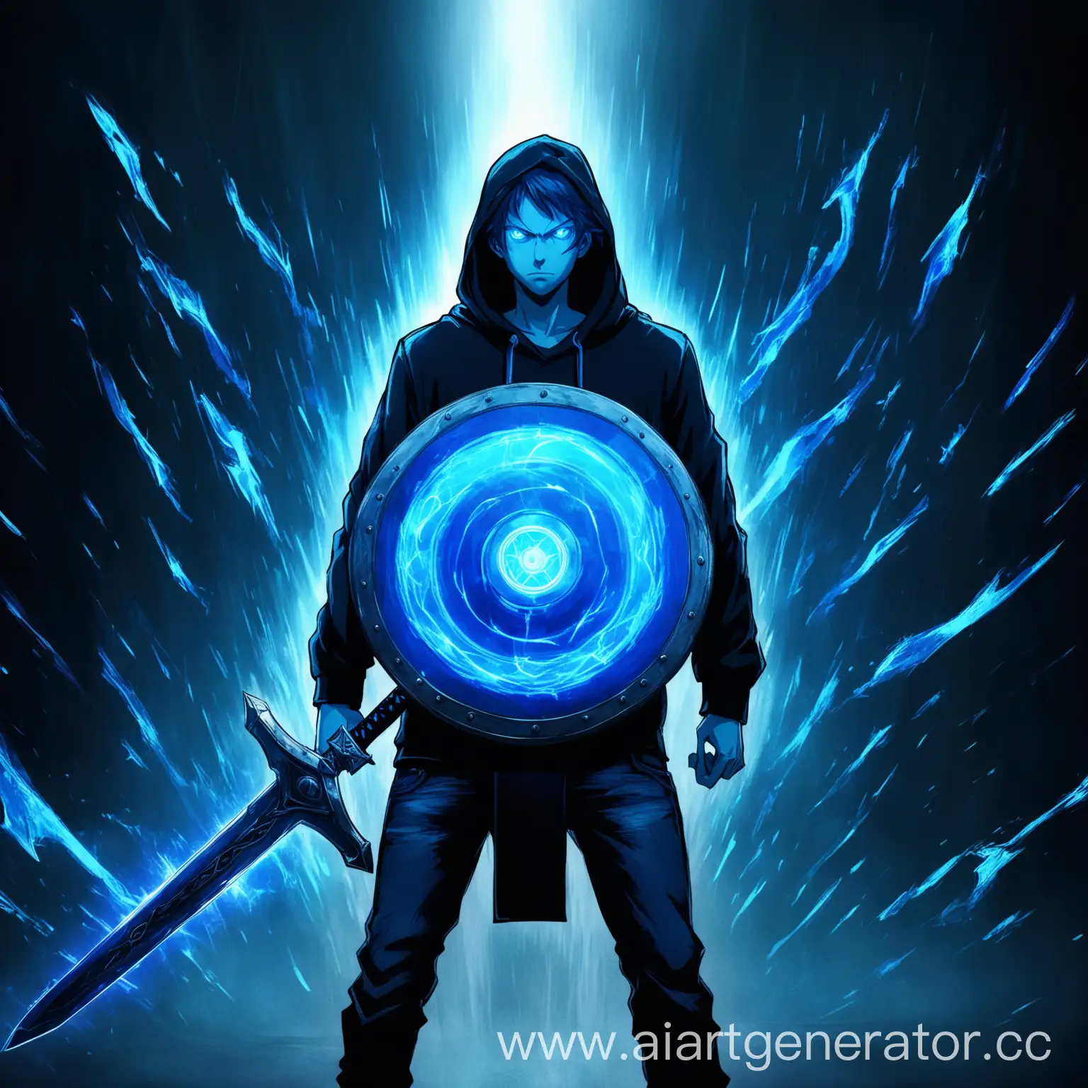Lololoshka stands in the middle of a dark room, surrounded by pulsating blue energy. He is wearing a black hoodie and jeans, and his eyes glow blue. In his right hand he holds a sword, and in his left a shield. He looks straight ahead with a determined expression.