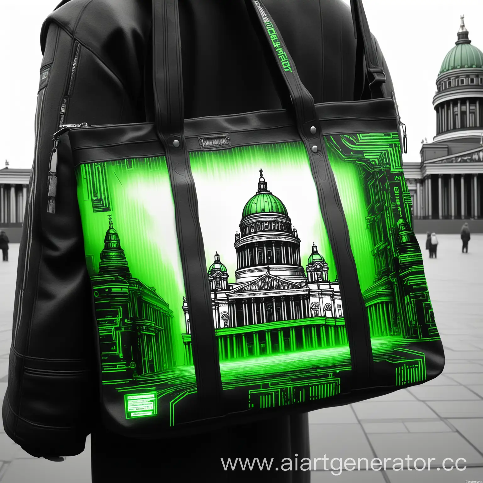 Исаакиевский собор в стиле киберпанк, черно белый, зеленые акценты, средняя реалистичность, принт на сумку