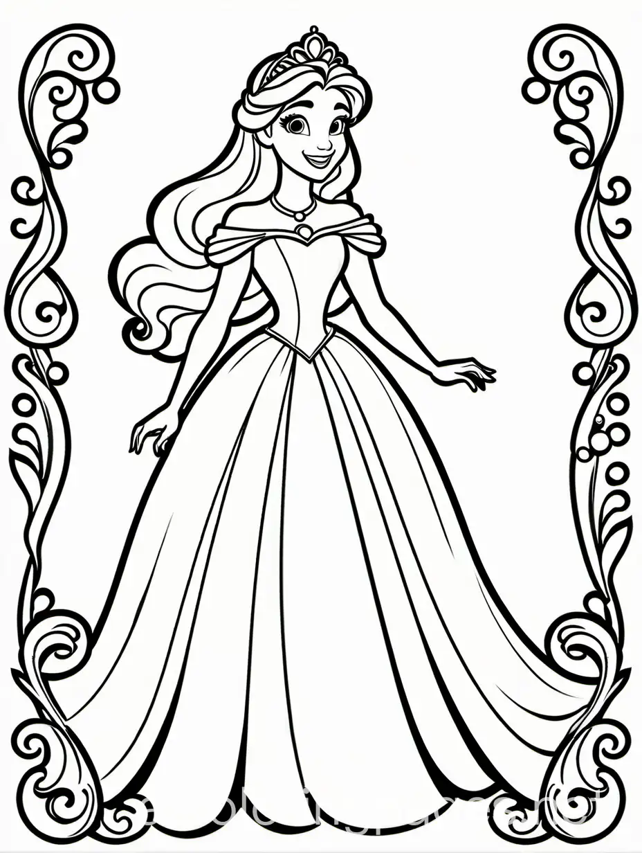 disney inspired princess, Coloring Page, black and white, line art, white background, Simplicity, Ample White Space. The background of the coloring page is plain white to make it easy for young children to color within the lines. The outlines of all the subjects are easy to distinguish, making it simple for kids to color without too much difficulty