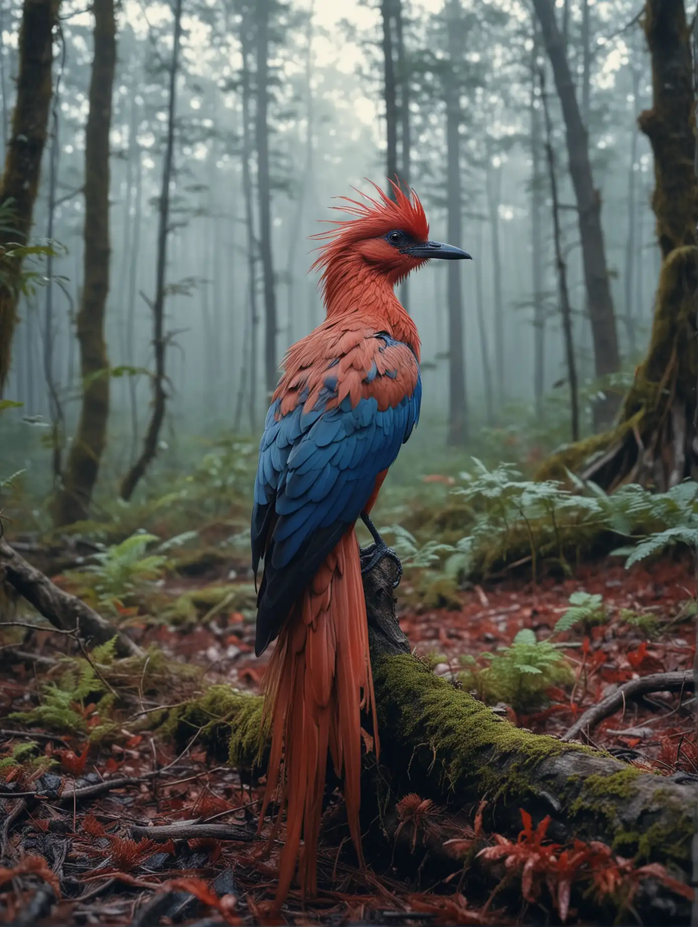 A small, very long, red wavy crested bird. Long Blue wings. Long Red Tail. relaxing in the forest. wide angle shot. realistic, film stock, bright colors" twilight. fog.