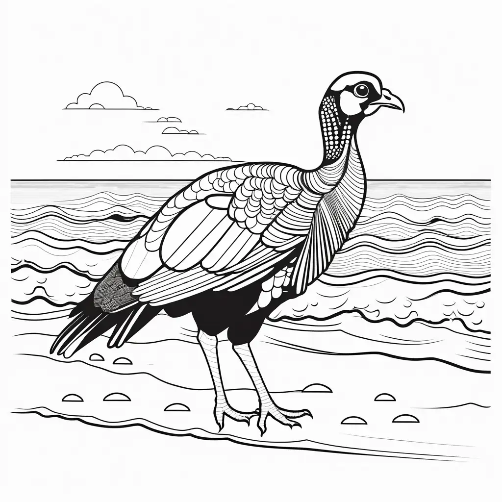turkey walking on an ocean beach, Coloring Page, black and white, line art, white background, Simplicity, Ample White Space. The background of the coloring page is plain white to make it easy for young children to color within the lines. The outlines of all the subjects are easy to distinguish, making it simple for kids to color without too much difficulty