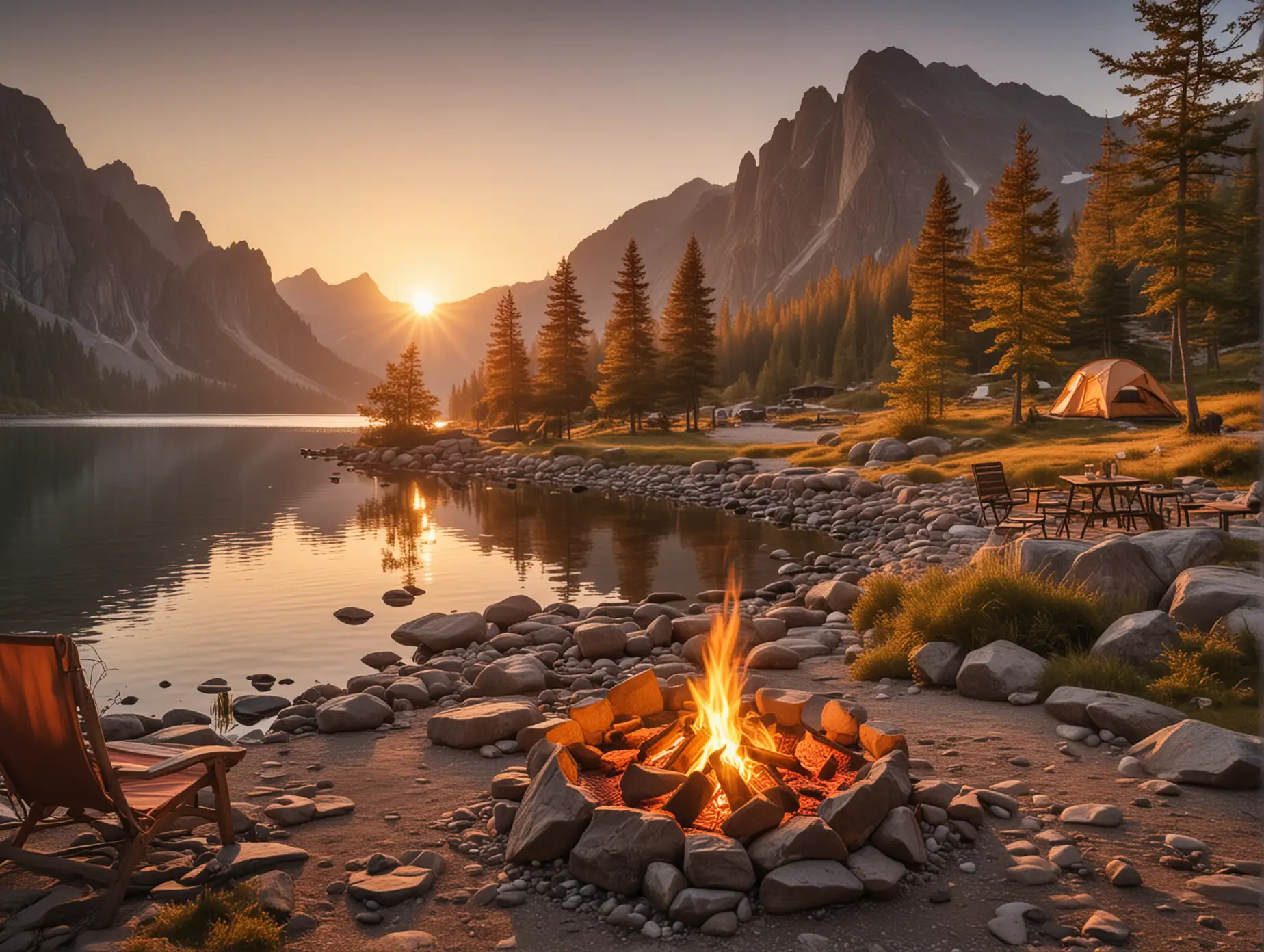 A serene lakeside campsite at sunset with a blazing campfire surrounded by rocks in the background. A grill on a wooden picnic table is cooking meat. A pitched tent and a chair are positioned near the water, and the sun is setting behind the mountains, casting a warm, orange glow over the scene.