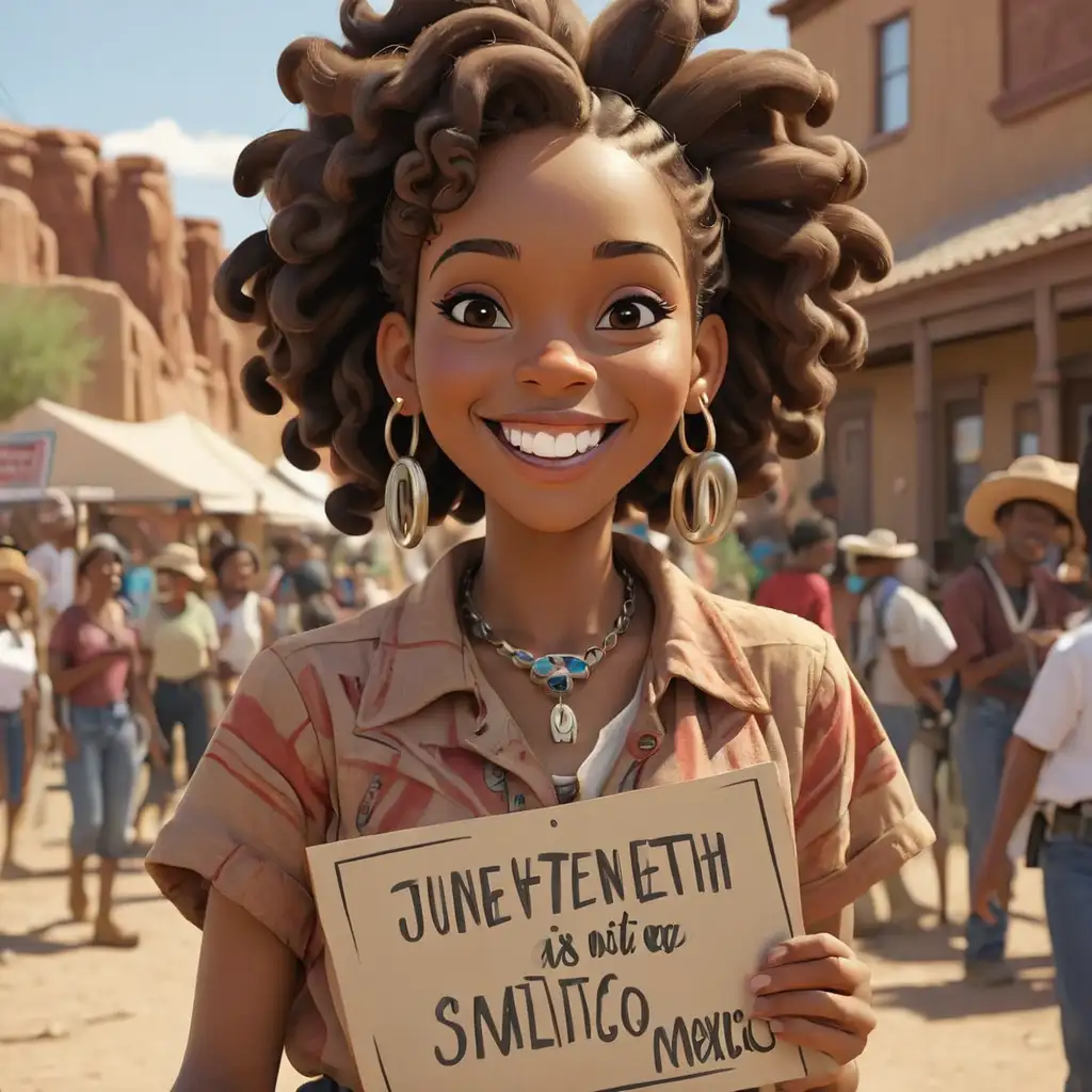 cartoon-style juneteenth in New Mexico smiling with sign 
