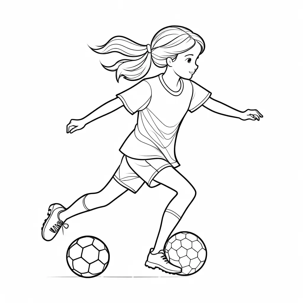A young girl playing soccer, Coloring Page, black and white, line art, white background, Simplicity, Ample White Space.