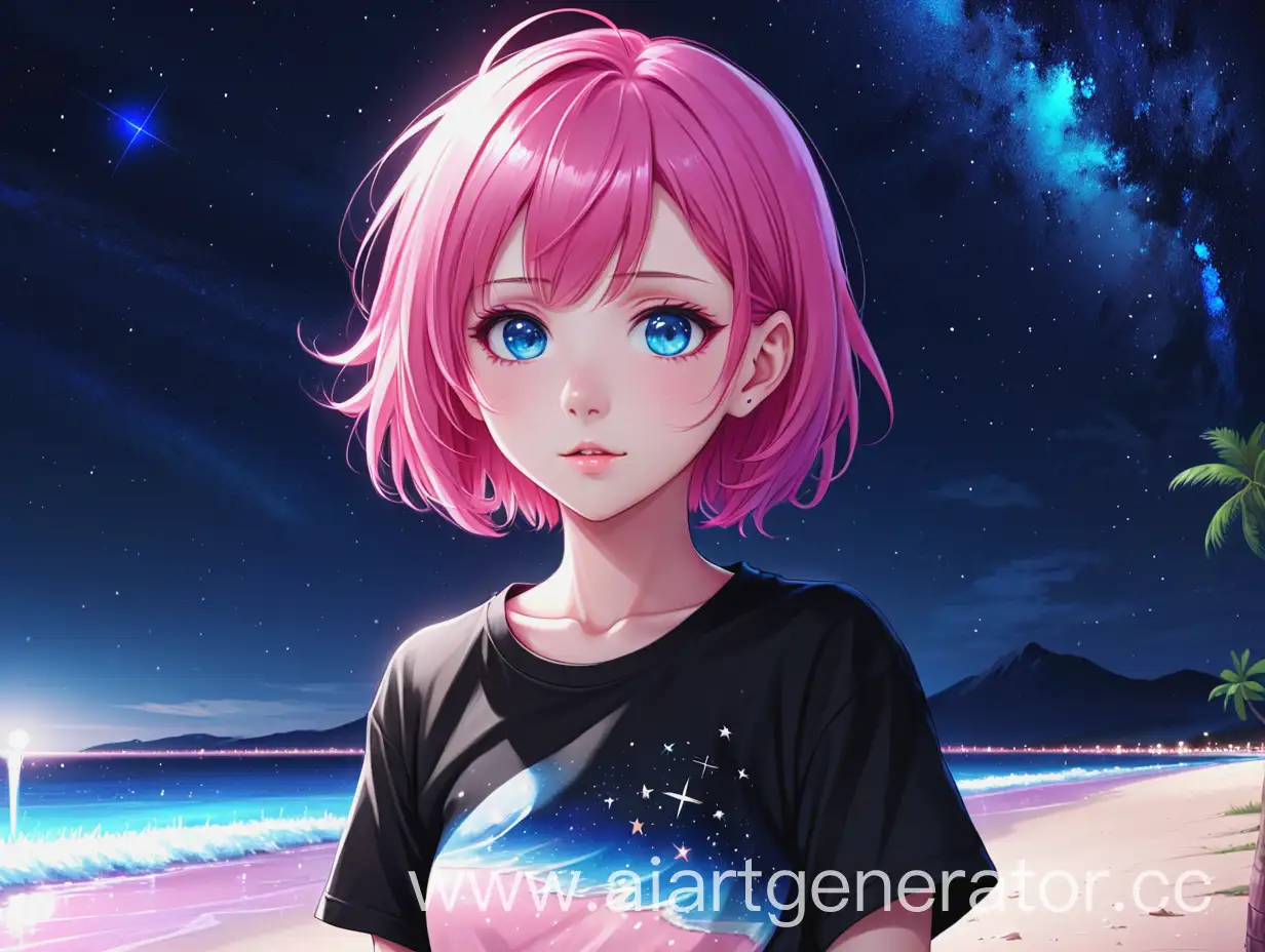 Anime girl, pink hair, short hair, without bangs, blue eye , star sky, beach, black T-shirt