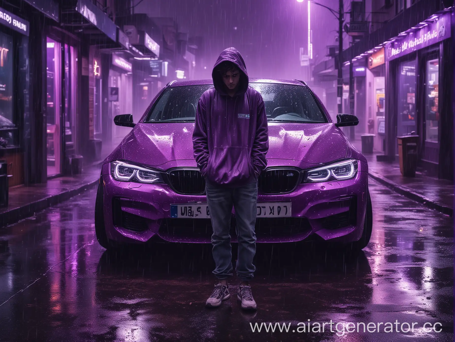 Водитель в капюшоне прощается с BMW под дождем в ночь под неоновыми фонарями фиолетового цвета 