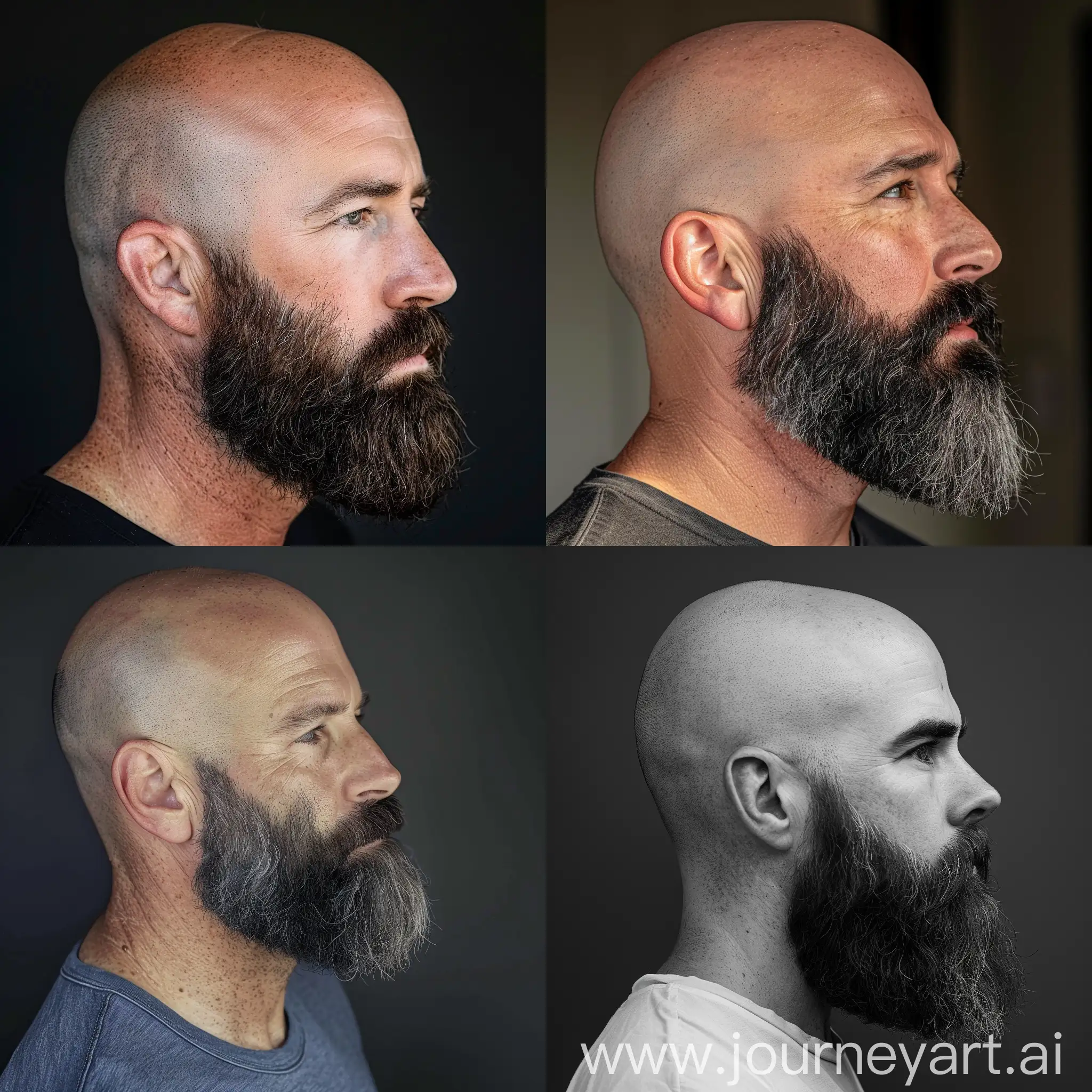 50 year old man, daddy look, medium to long length shaped dark beard, side view head shot, bald head