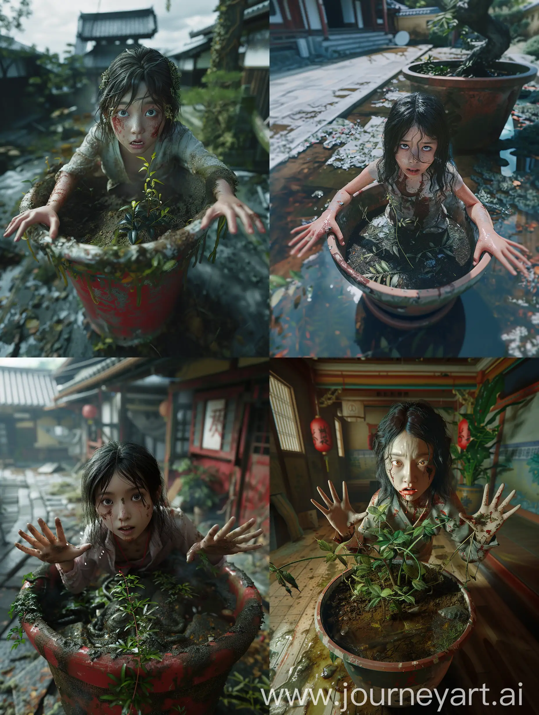 cinematic, realism, Using (((imagination))) to craft a photorealistic representation of an unusual fantasy dream, this image should be a panoramic shot, skillfully captured through an EE 70mm lens, providing a professional movie feel. The shot opens with a long-angle shot view of a picturesque scene, Capturing an abandoned Japanese temple, a young girl grows inside a potted plant. Her body, hands and feet grow into planted in the soil. yokai from Japan, The UHD camera captures every detail of this moment, highlighting the colors and textures. With Scorsese's expert direction, this scene exudes drama, Generate a cinematic and highly detailed Al image, Render her in a photorealistic style, cinematic, capturing the fine details of her features, clothing, and surroundings. The woman should exude with a feeling of fear, Pay close attention to realistic skin tones, textures, and lighting conditions. Ensure the image is in high resolution, such as 8K, to showcase the intricate details and allow