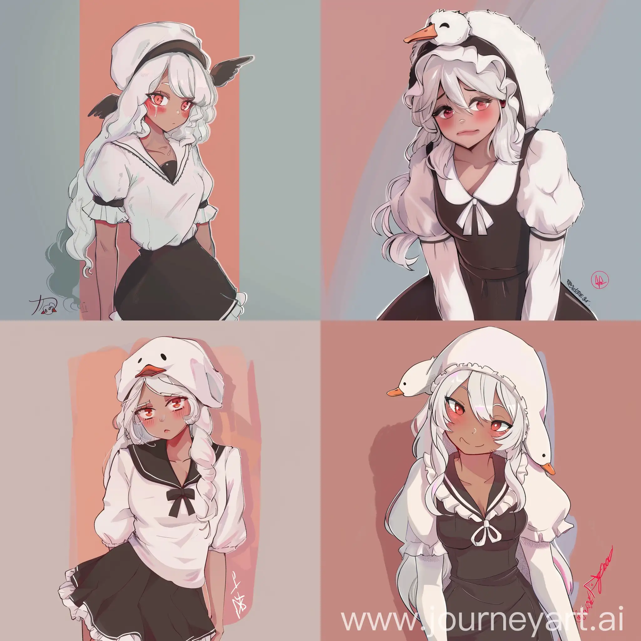 Girl with long white hair, cheerful, red cheeks, white hoodie, goose-shaped hat on her head, anime style, cute 