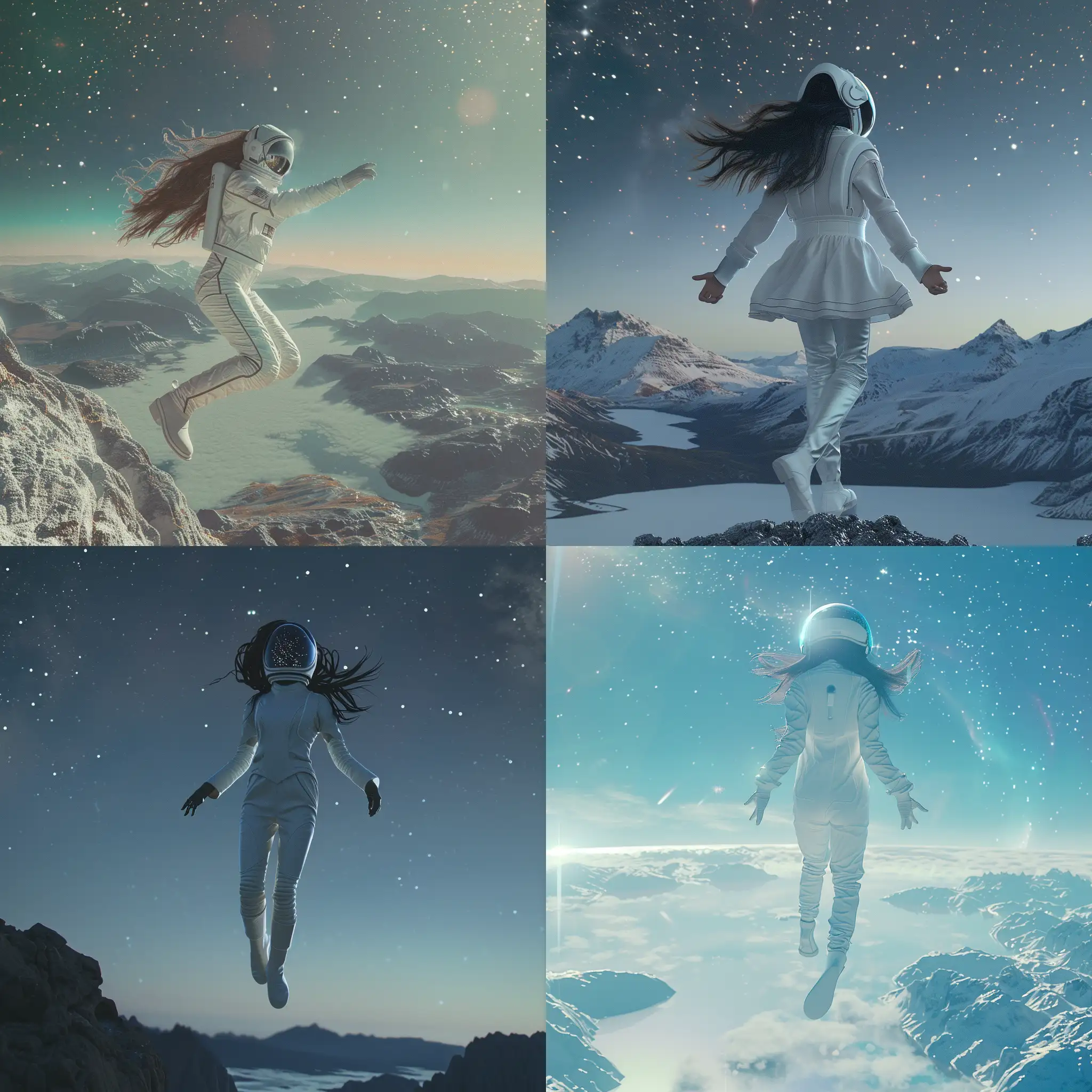 Фантастическая планета, изящная девушка в белом космическом костюме летит над землёй, длинные волосы,  прозрачная маска, горизонт, горы,  звёздное небо, белое озеро, 8k, плёночная фотография, ультодетализация, рассеяние света, резкий фокус, высокая детализация  